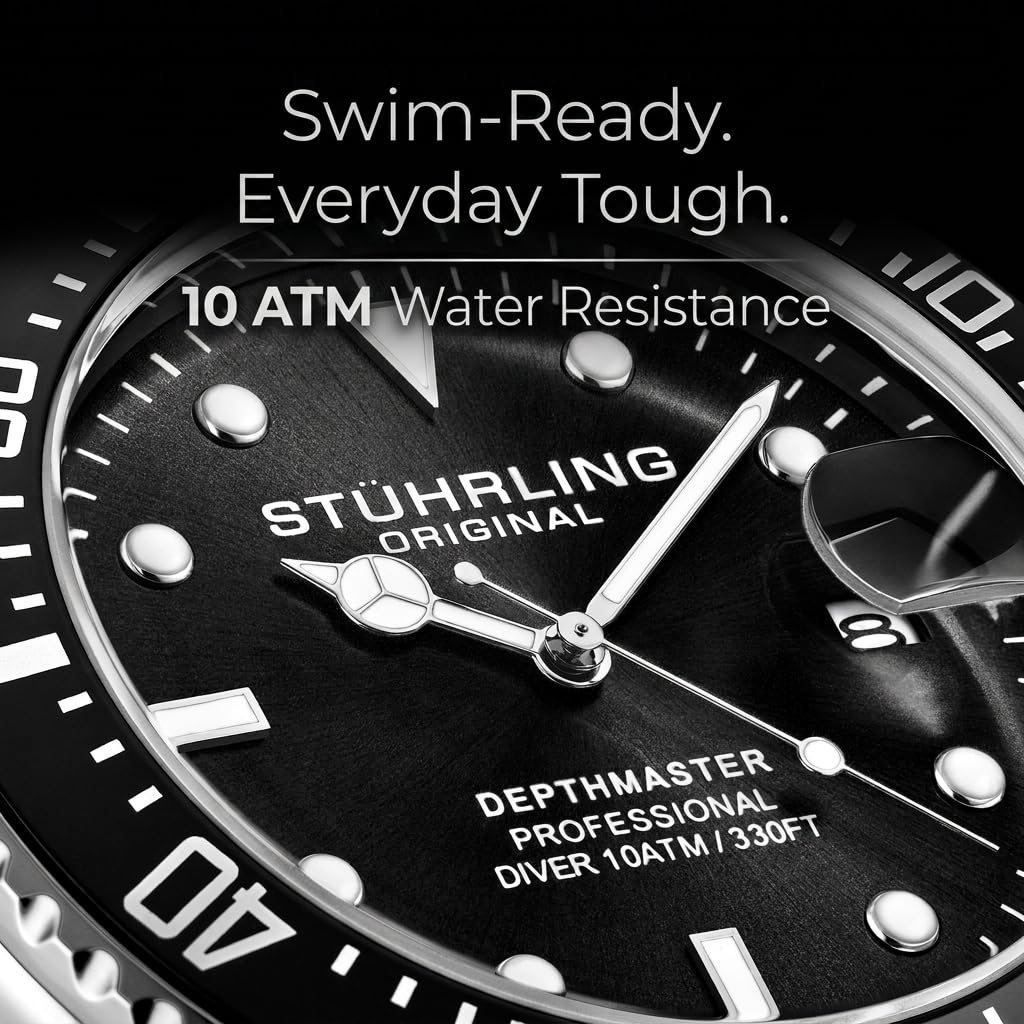 Stuhrling Oryginalny męski zegarek do nurkowania, srebrny 42 mm, obudowa z zakręcaną koroną, gumowy pasek, wodoodporny do 90 cm
