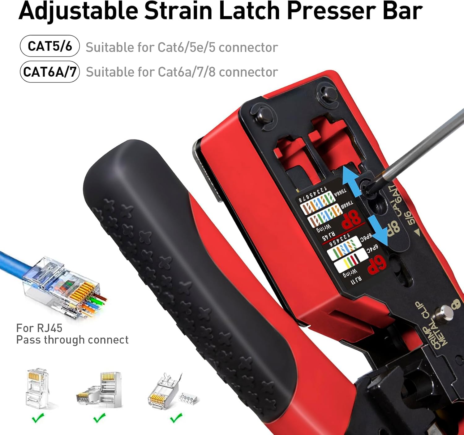 Adjustable Strain Latch Presser Bar on the crimping tool, showing settings for CAT5/6 and CAT6A/7 connectors.