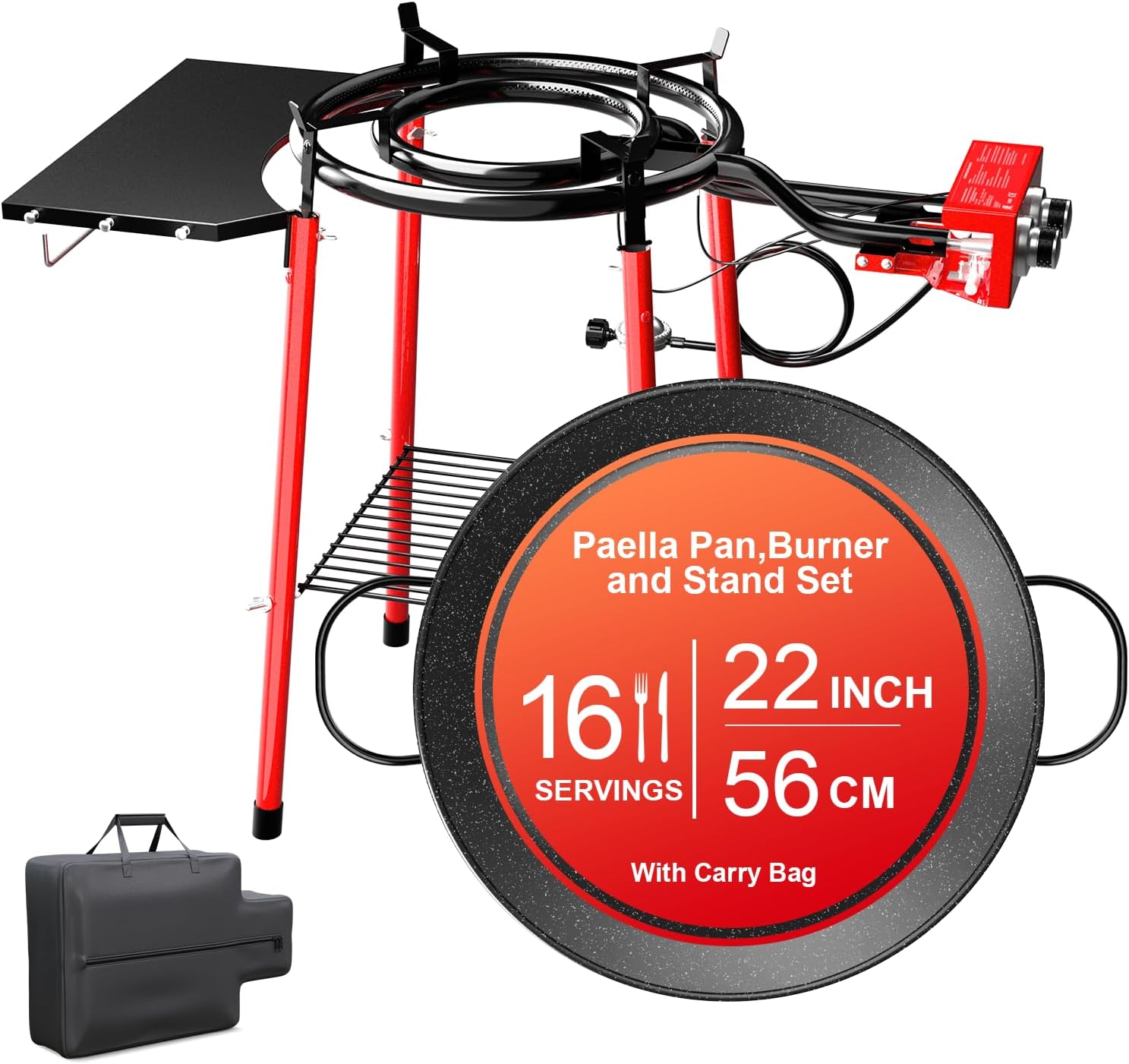 22 Inch Paella Burner and Stand Set,Paella Pan Set,22 Inch Paella Pan,Paella Burner,Paella Pan and Burner Set,Paellera,Paella Kit with Carry Bag,Built-In Ignitor Regulator Hose,16 Servings