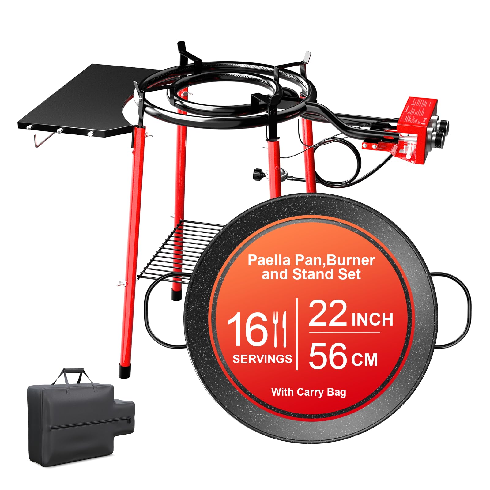22 Inch Paella Burner and Stand Set,Paella Pan Set,22 Inch Paella Pan,Paella Burner,Paella Pan and Burner Set,Paellera,Paella Kit with Carry Bag,Built-In Ignitor Regulator Hose,16 Servings
