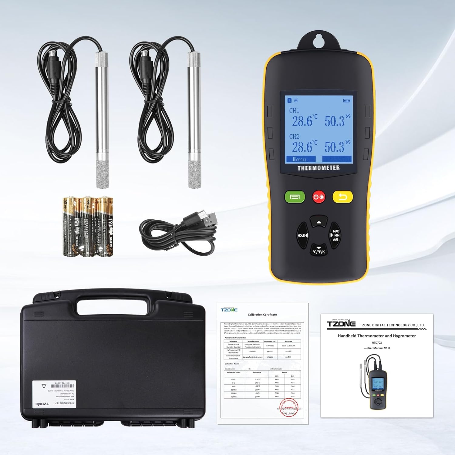 Tzone Temperature and Humidity Data Logger USB with Probe,Dual Channel Temp Humidity Recorder with Data Report, Digital Industrial Thermometer Recording Handheld RH Logger for Greenhouse Freezer Lab