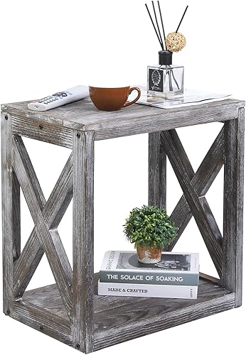 Miniatura 6 de MyGift Mesa auxiliar pequeña de madera maciza gris vintage, mesa auxiliar, mesita de noche, mesita de noche con diseño en X y estante inferior de