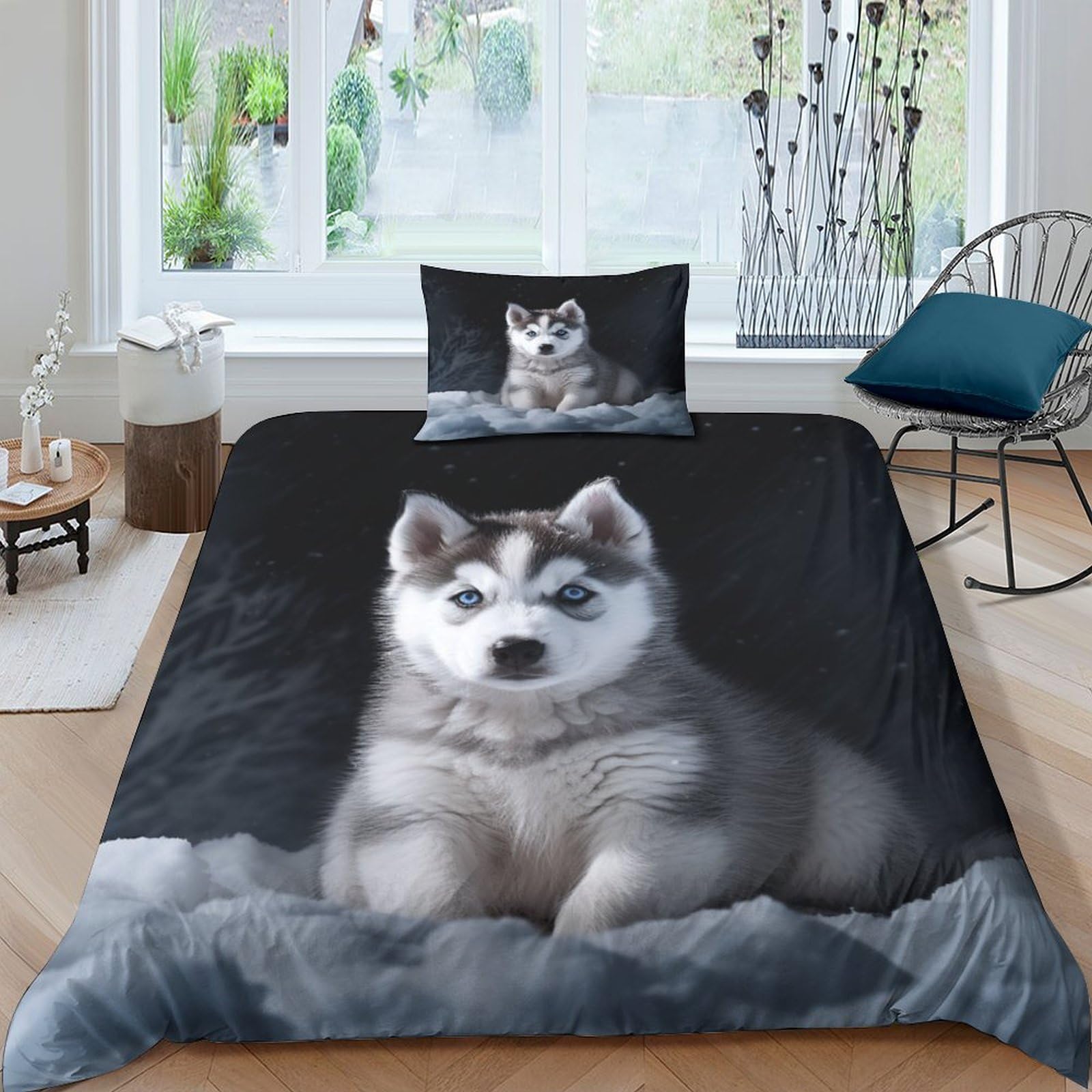 Housse de couette chiot husky dans la neige pour des nuits tendres et cosy