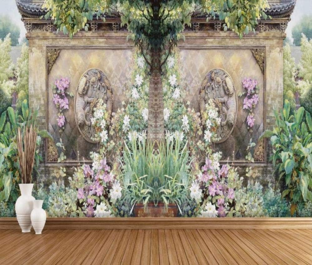 Papier peint 3D pour agrandir un salon avec des plantes vertes et fleurs