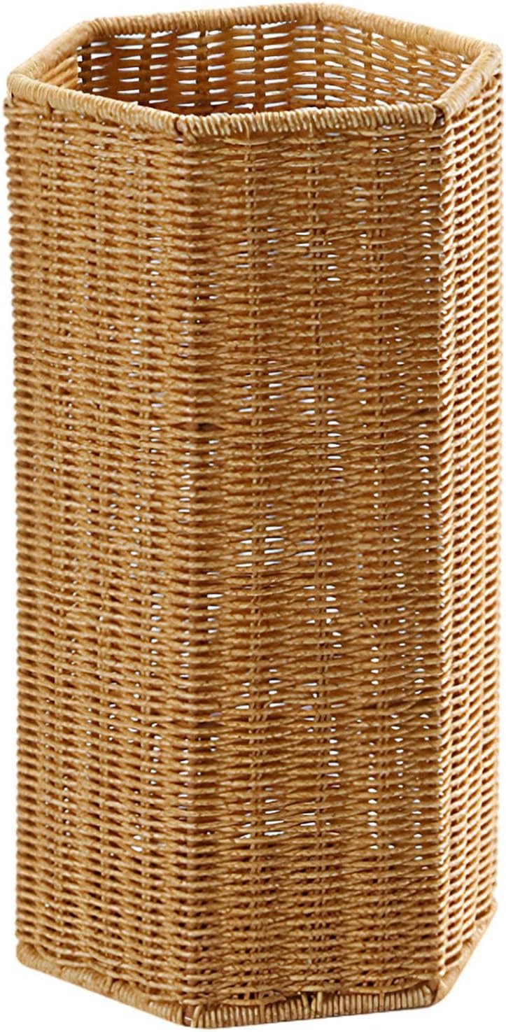Woven Umbrella Stand with Drainage Tray, Tan Hexagonal Design, Waterproof Plastic Holder for Umbrellas, Yoga Mat Storage, 7.5 X 8.3 X 15.6 in