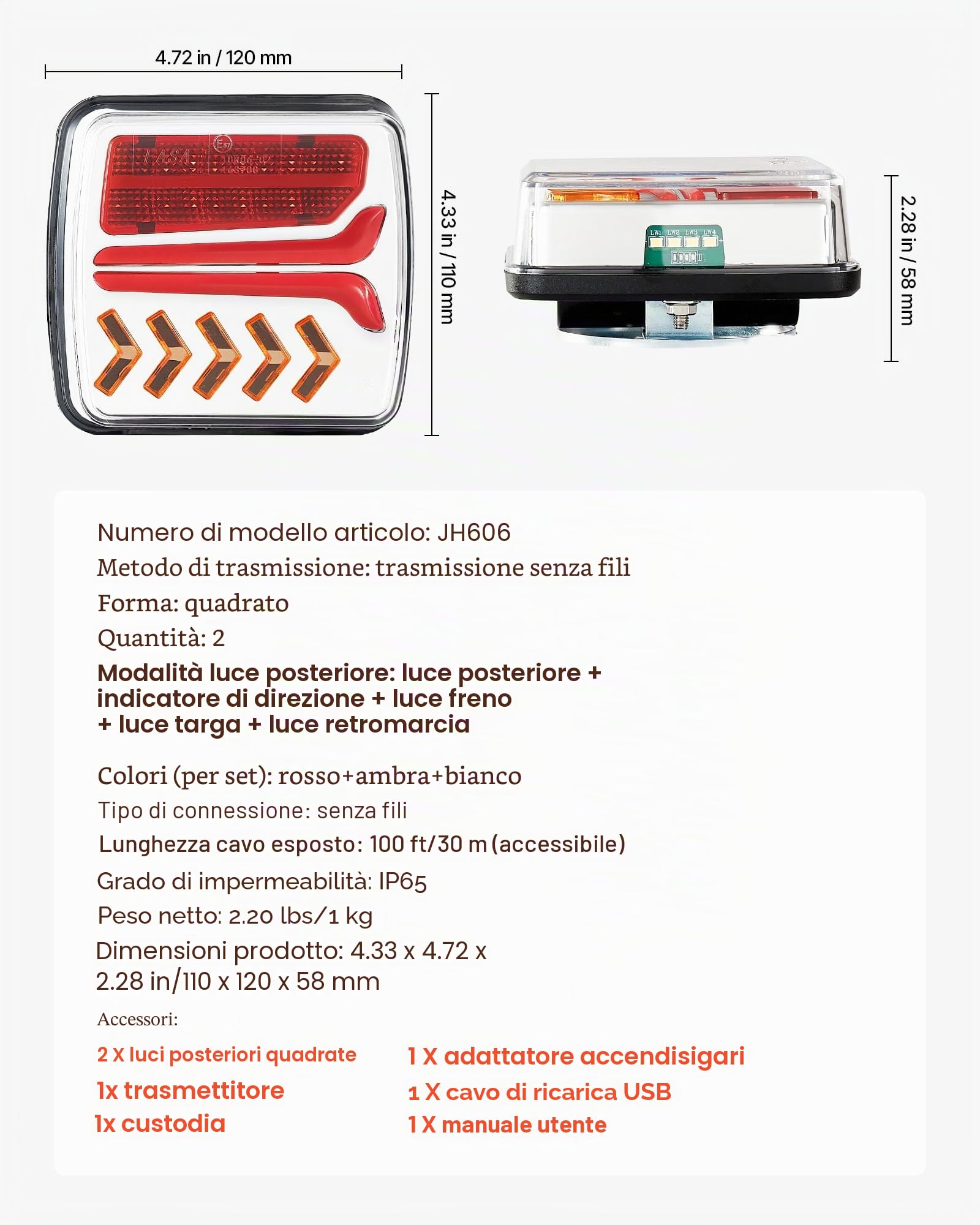 VEVOR Luci per Rimorchio, Kit di 2 Luci Posteriori Magnetiche Senza Fili a LED Quadrate da 12 V con Stop, Freno, Luce di Retromarcia, Targa, Kit di Illuminazione Impermeabile per Barca, Camion