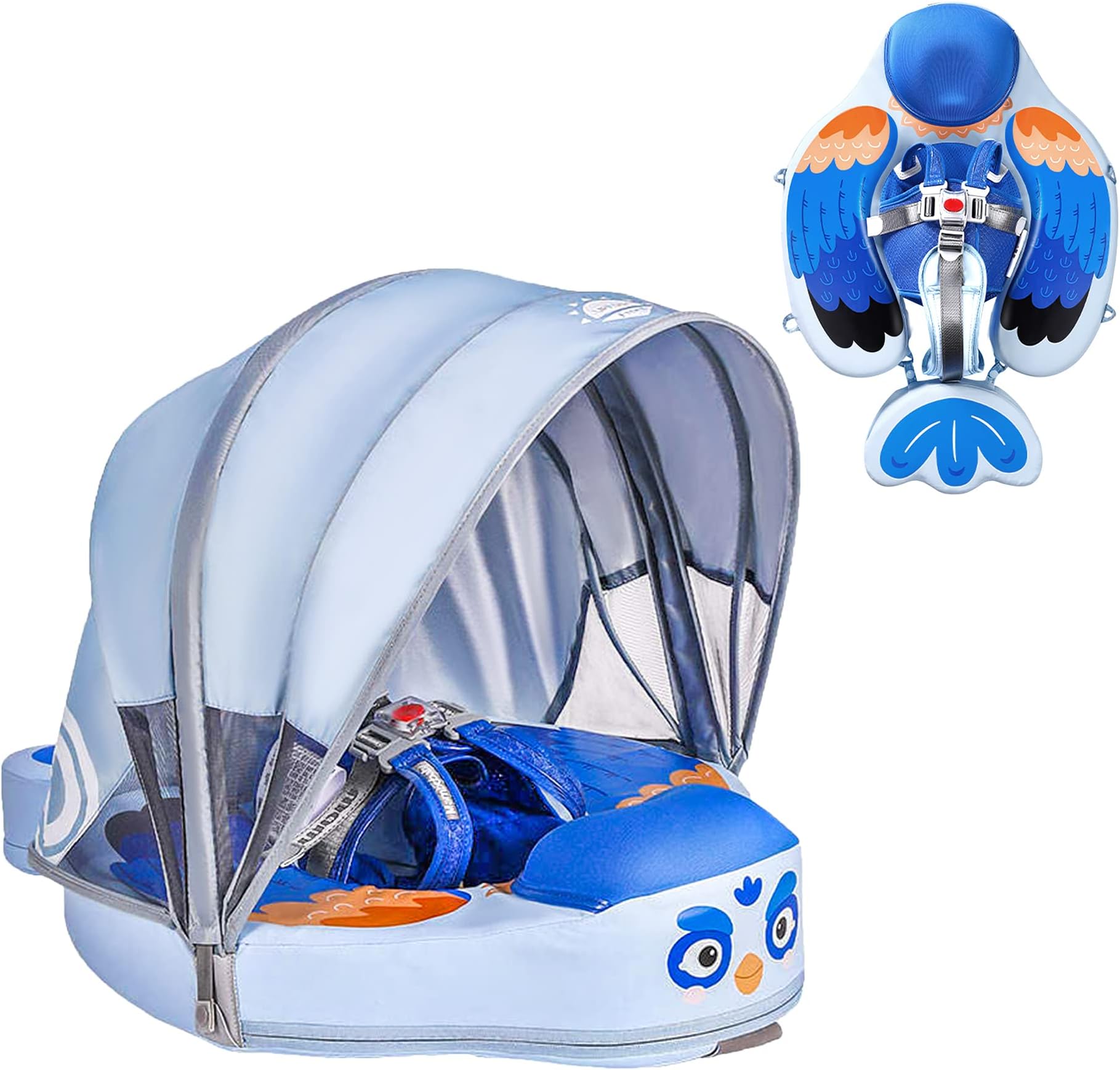 Upgraded Baby Pool Float Mambobaby Float with Canopy, Non-Inflatable Baby Floats for 3-24 Months, No Flip Over Swim Trainer for Infants (Bird-Blue)