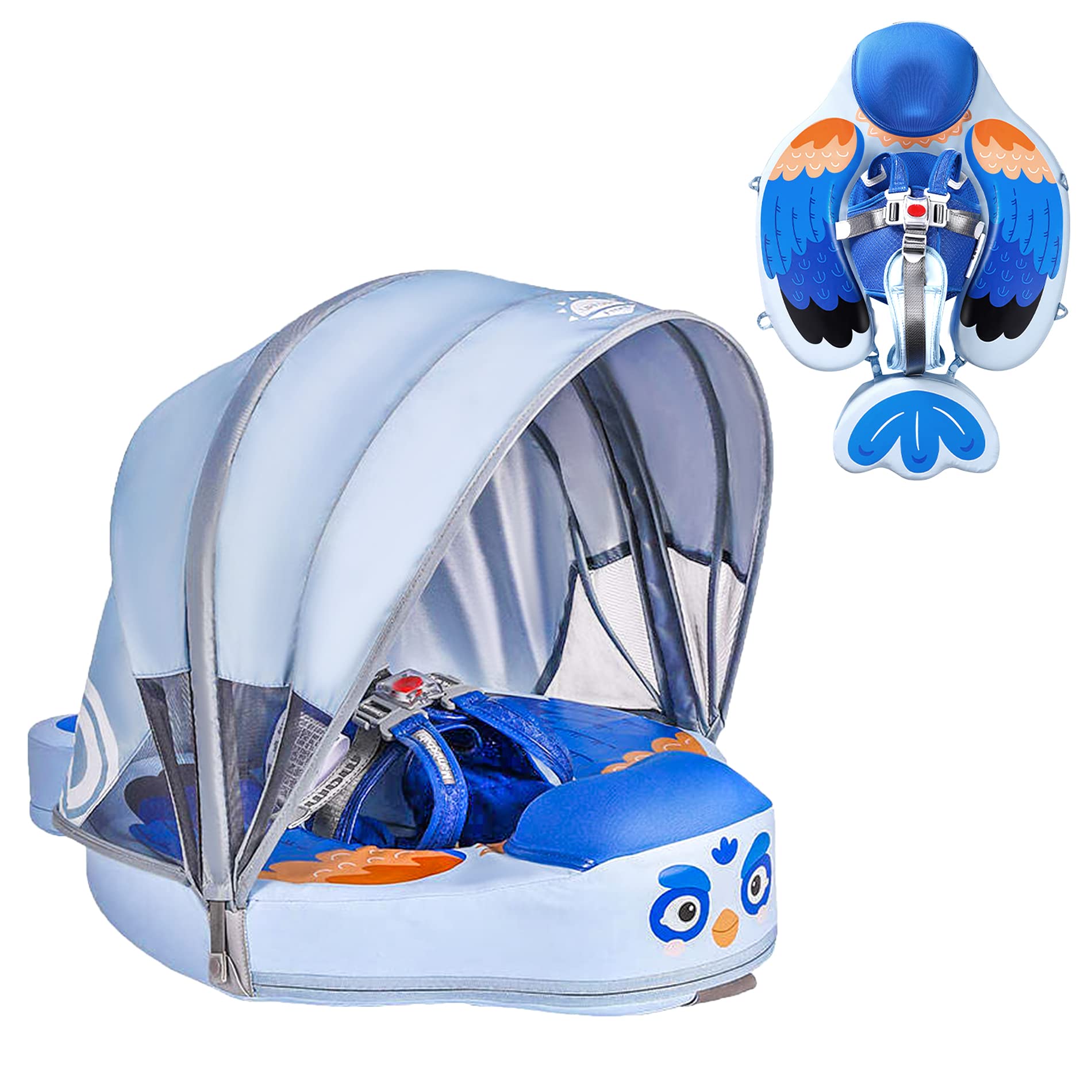 Upgraded Baby Pool Float Mambobaby Float with Canopy, Non-Inflatable Baby Floats for 3-24 Months, No Flip Over Swim Trainer for Infants (Bird-Blue)