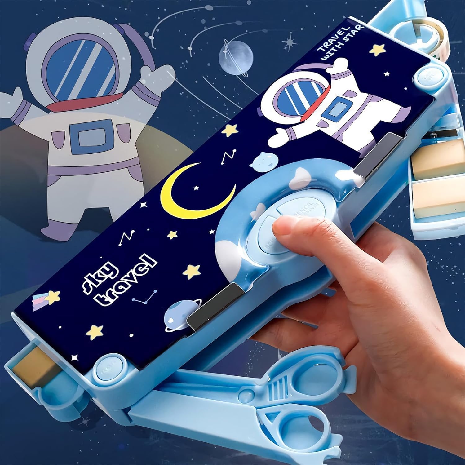 DD RETAILS Multifunctional Space Pencil Case || Cartoon Pattern Stationery Set with Pop Out Scissors and Sharpener || Large-Capacity Pencil Case for Boy & Girl (Pack of 1) (Magnetic Pencil Box) 1
