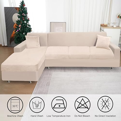 Miniatura 6 de Fundas de sofá para sofá de 3 cojines y 1 funda de diván de terciopelo seccional, fundas de sofá separadas en forma de L con 2 fundas de almohada (3