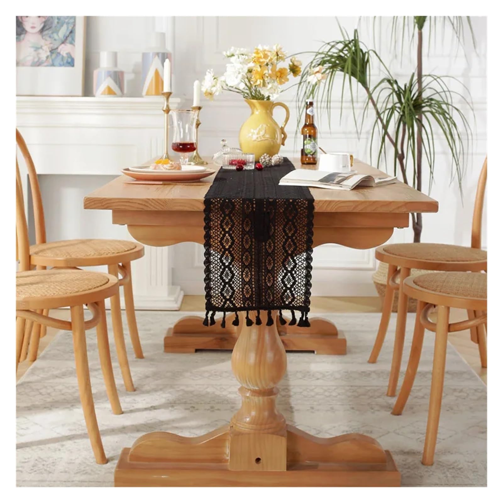 Runner Da Tavola Runner Da Tavolo In Cotone E Pizzo All'uncinetto Con Nappe, Decorazione For La Tavola Di Nozze For Casa(Beige,24X300cm)