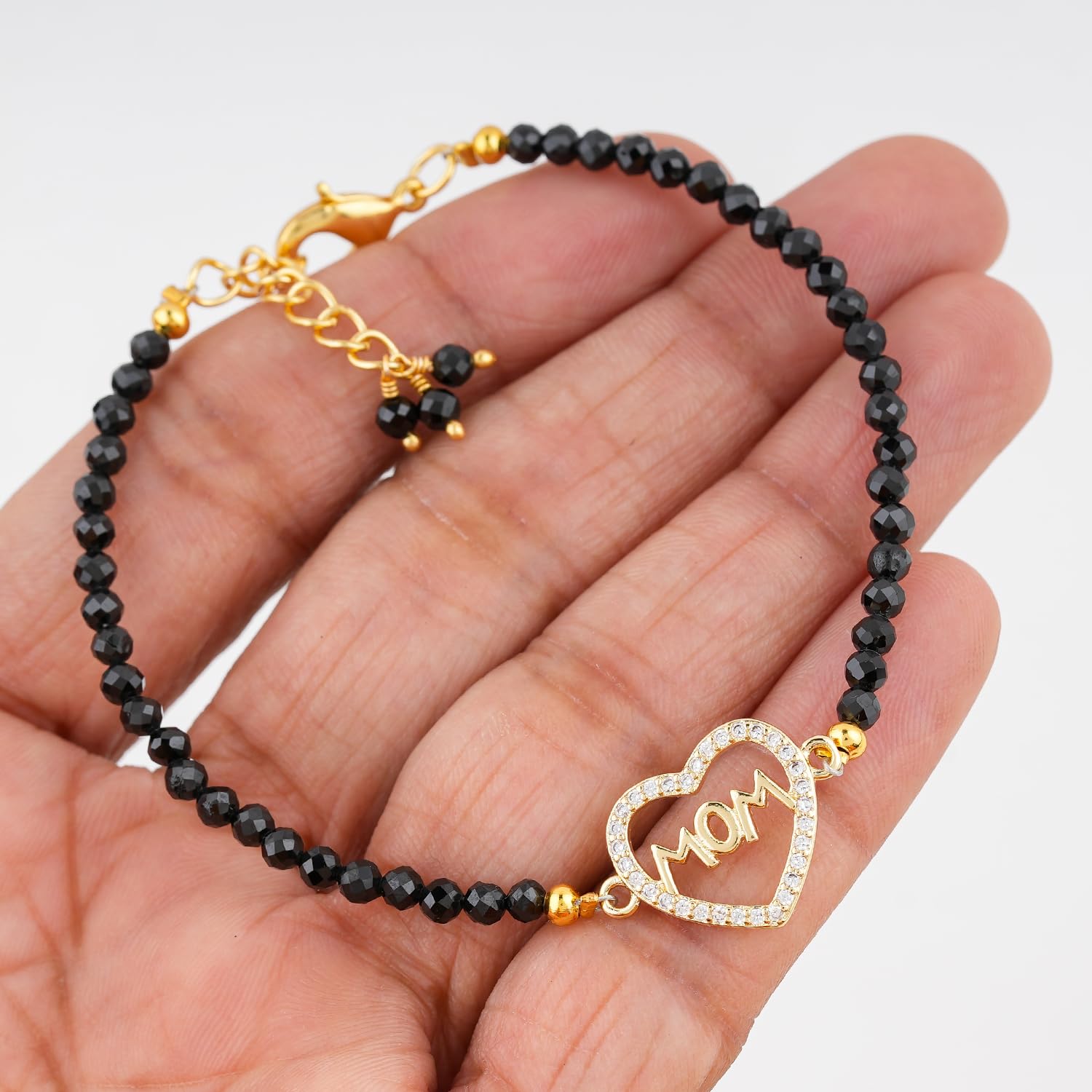 ColouredRocks Black Spinel with Mom Charm Bracelet, Beaded Bracelet, Gemstone Crystals Beads, Trendy Bracelet, Daily Wear Women Jewelry 8 inch - Image 4