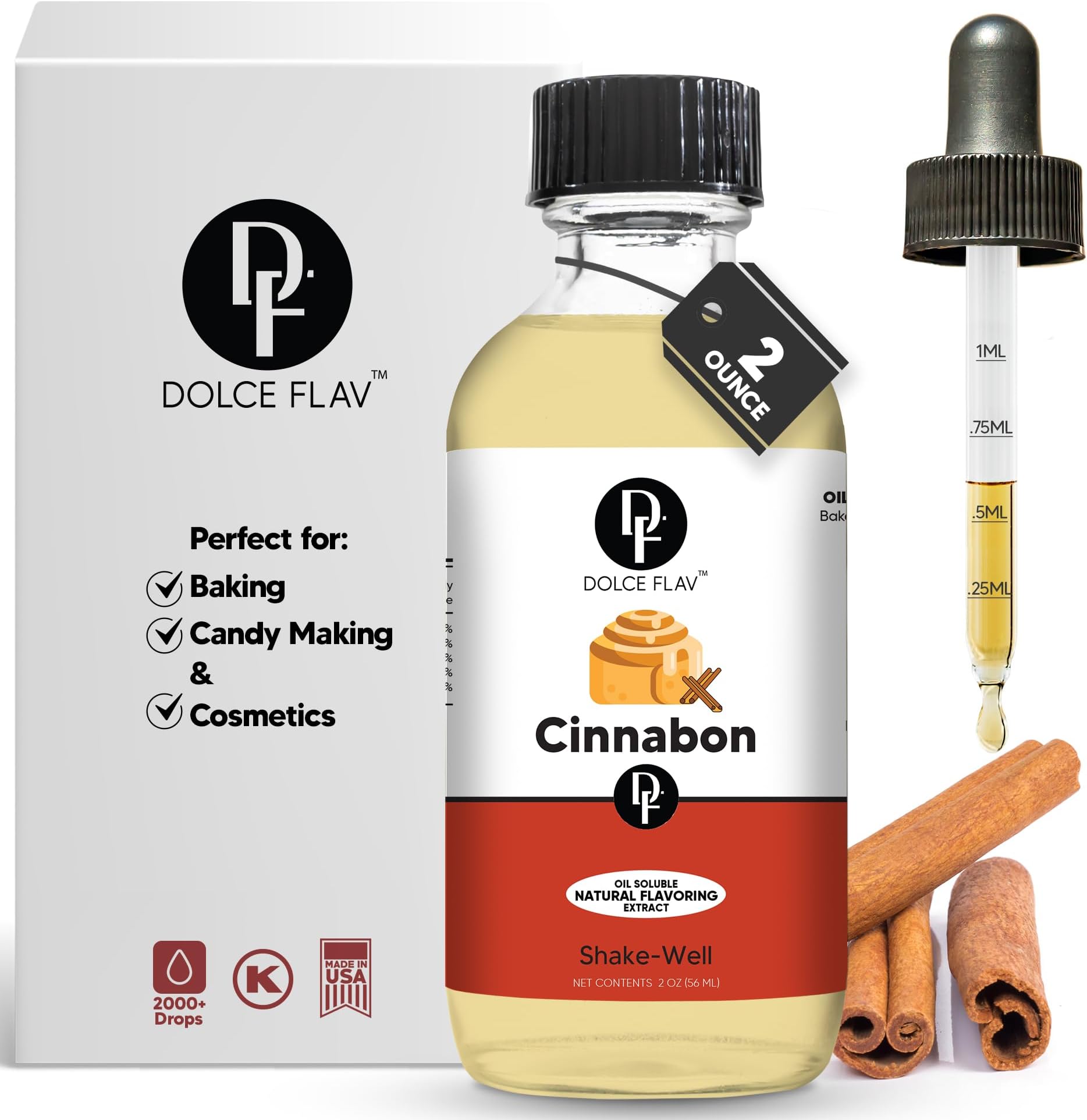 Dolce Flav Natural Cinnabon Extract – 2 Ounce Oil-Soluble Kosher, Sugar-Free, Concentrated Spicy Cinnabon Flavoring for Baking, Smoothies & Desserts, Includes Measured Dropper