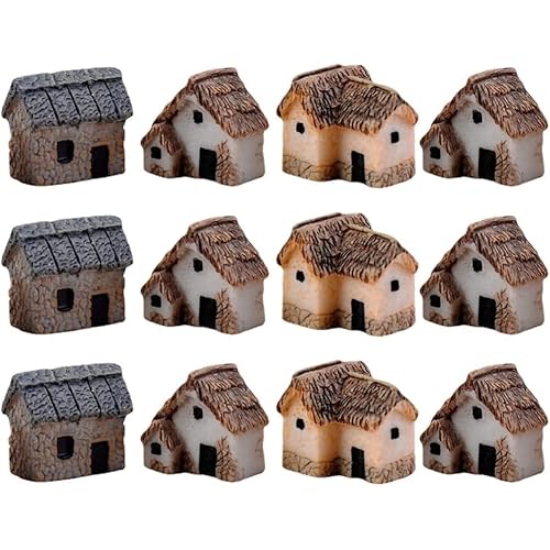 Angoily 12Pcs Miniature Houses for Crafts, Mini Fairy Garden Decor for Village, Tiny House for Fairy Garden Models, Small Stone Resin Cottage for Terrarium & Bonsai Patio Yard(0.78in)
