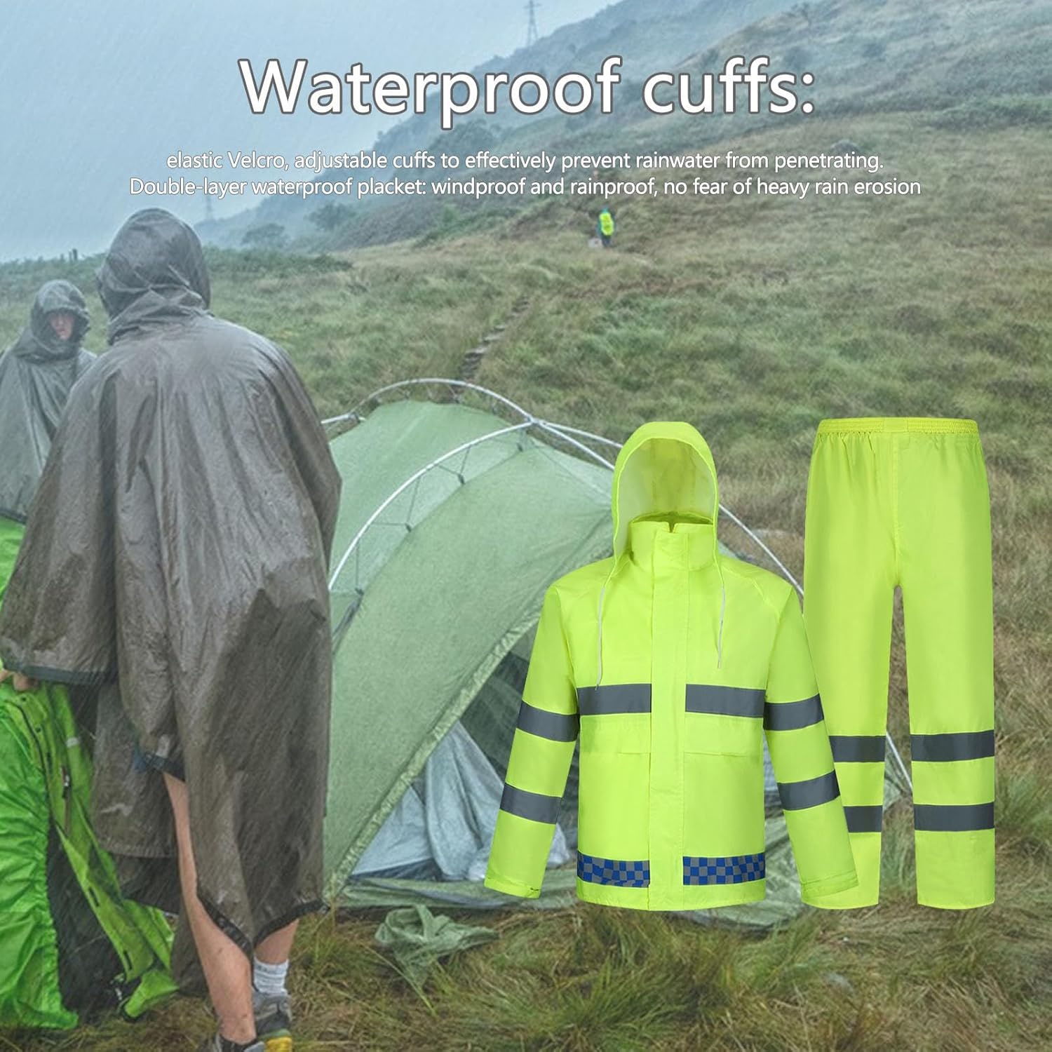 安全レインパンツ | 反射ストリップ付きの 防水ジャケット,耐久性のあるレインウェア、調節可能なレインディフェンダー、男性、仕事、夜