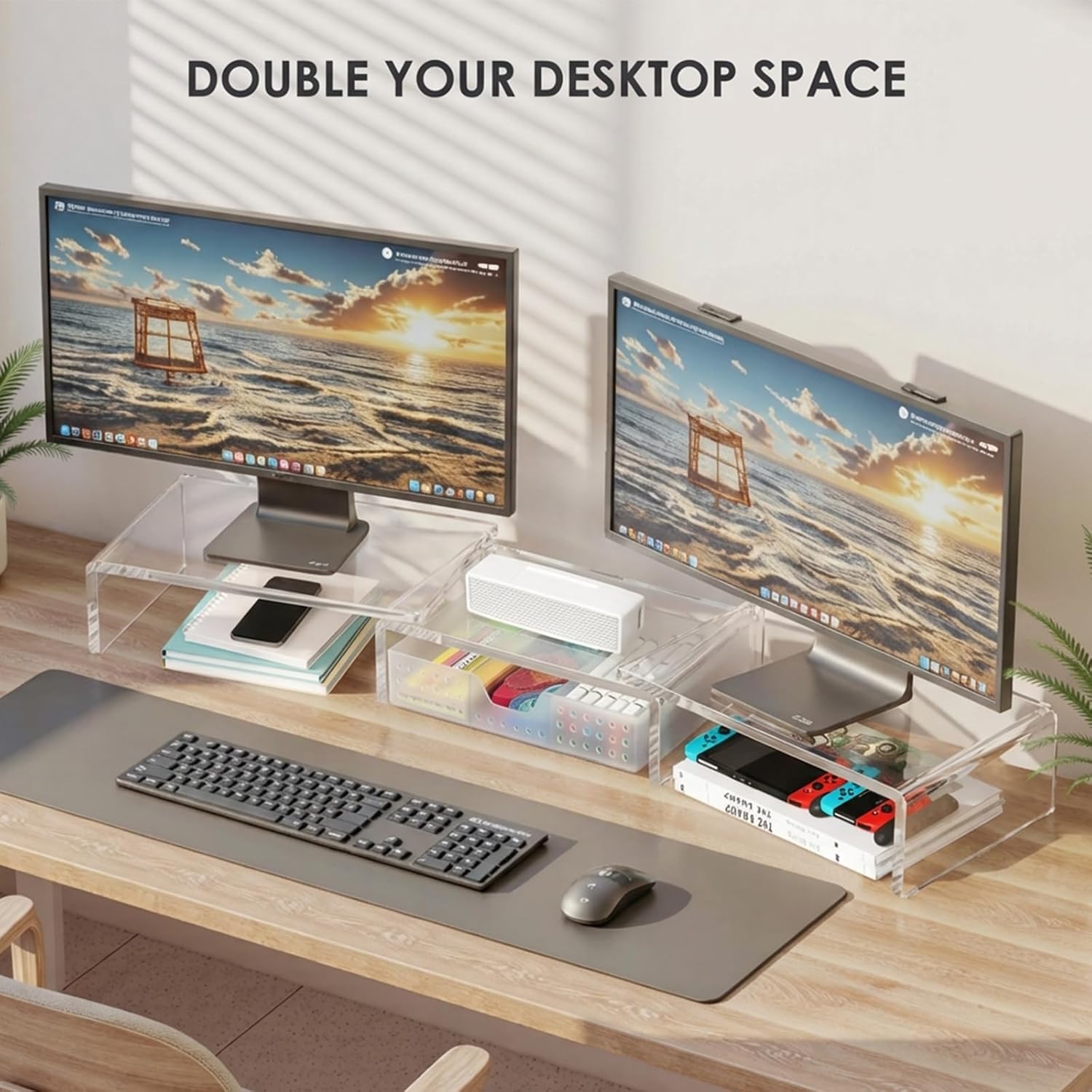 OPNICE Clear Acrylic Desk Organizers and Accessories, Dual Monitor Stand Riser with Drawer, Desk Shelf Computer Racks for Office Workspace Organizers, Desktop Organization (Transparent)