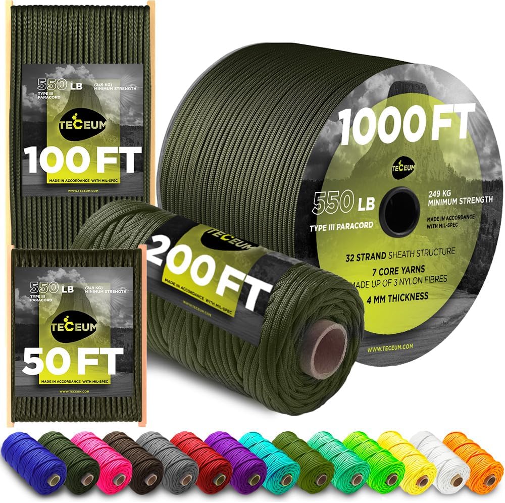TECEUM Paracord Type III 550 Army Green โ 30 m โ 4mm โ Tactical Rope MIL-SPEC โ Outdoor Para Cord โ Camping Hiking Fishing Gear and Equipment โ Parachute Cord โ Strong Survival Rope (100ft) 010