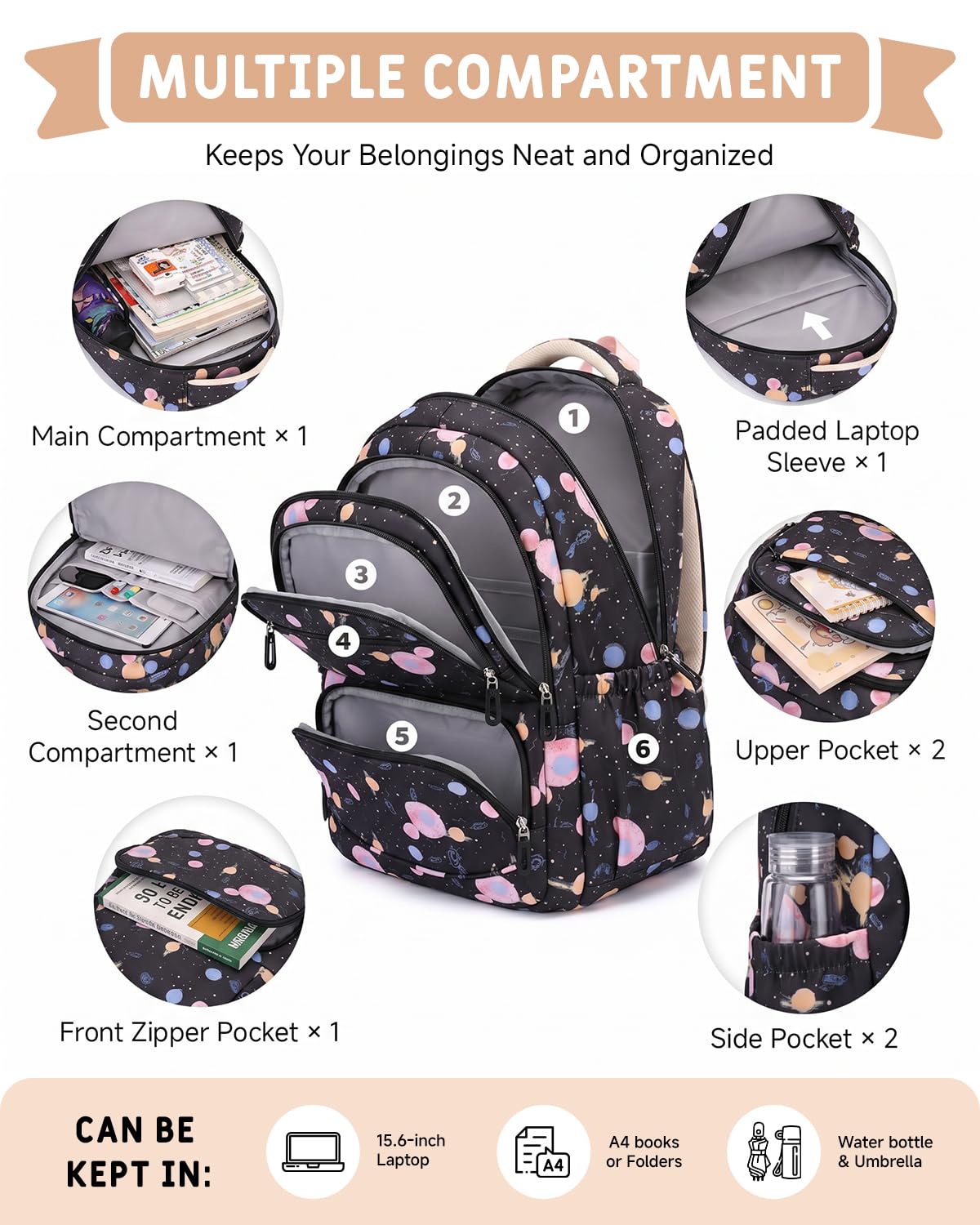 Tanou Schulrucksack Mädchen 3 Teilig, 3.-7. Klasse, 28L | Lässiger Schulranzen für Mädchen, Modischer Rucksack Teenager mit Lunchpaket Federmappe Niedlicher Anhänger, Schwarz