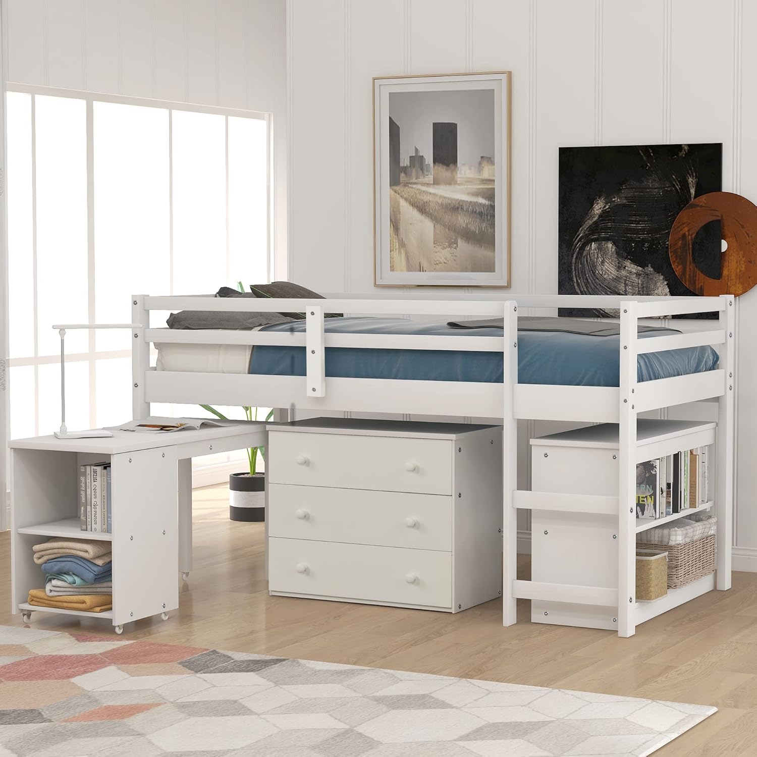 Twin Size Low Loft Bed with Rolling Portable Desk, Low Study Loft Bed Frame with Storage Cabinet, Wooden Twin Bedframe with Safety Guard Rails and Bookcase Shelf, White