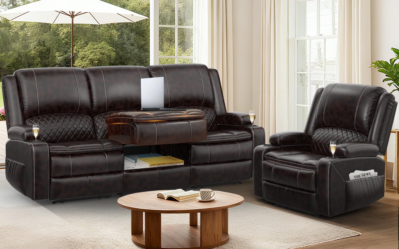 3+1 Seaters Recliner Sofa, Maximum Load Capacity 1800lbs & Ergonomics Design, Multi-Functional Middle Seat & Home Theater Seating with Removable