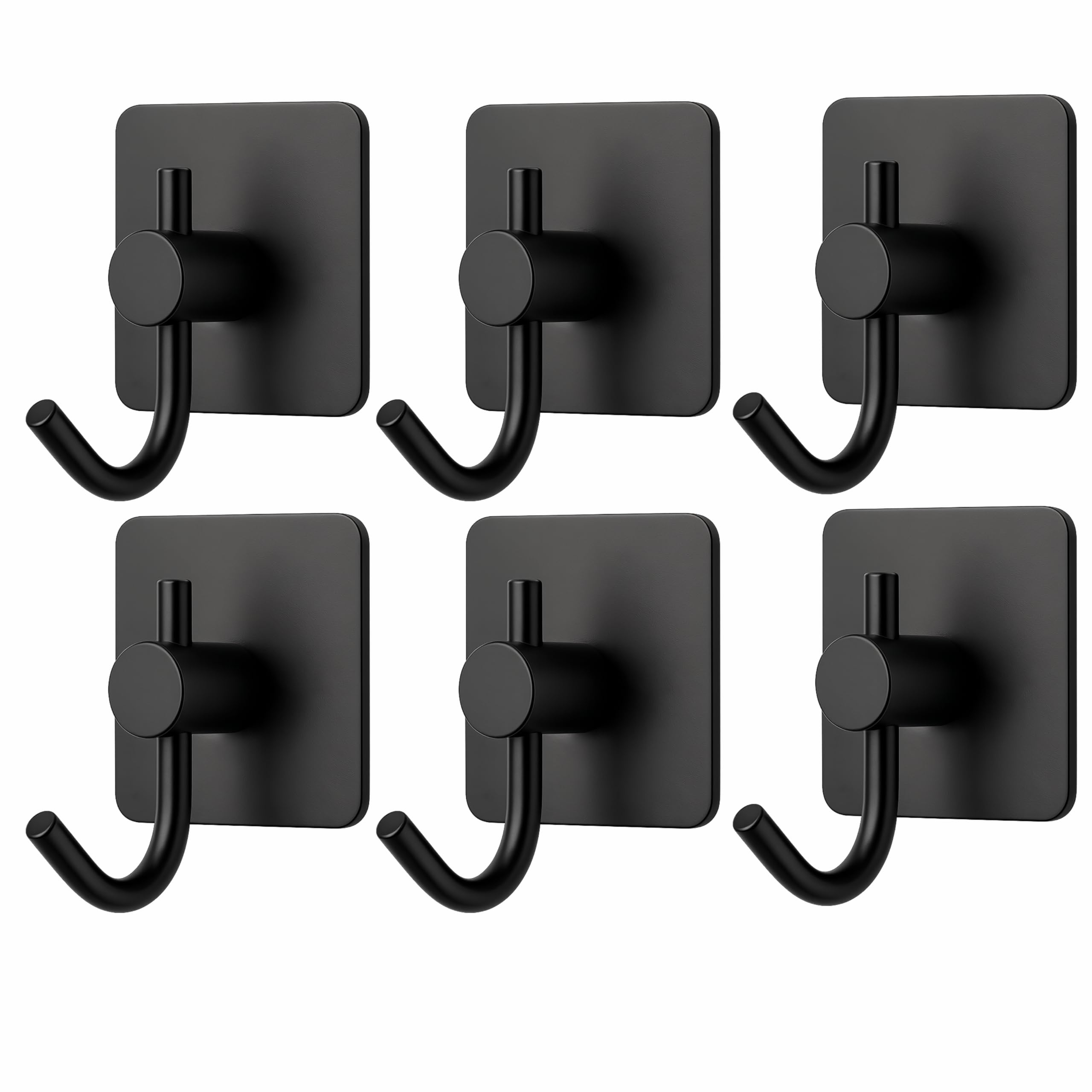 JIALTO 6 pcs Self-Adhesive Stainless Steel Hooks: Heavy-Duty Wall Hangings, Waterproof & Drill-Free - Strong Towel, Coat, and Kitchen Hooks for Bathroom and Kitchen (Big Squre Black Hook)