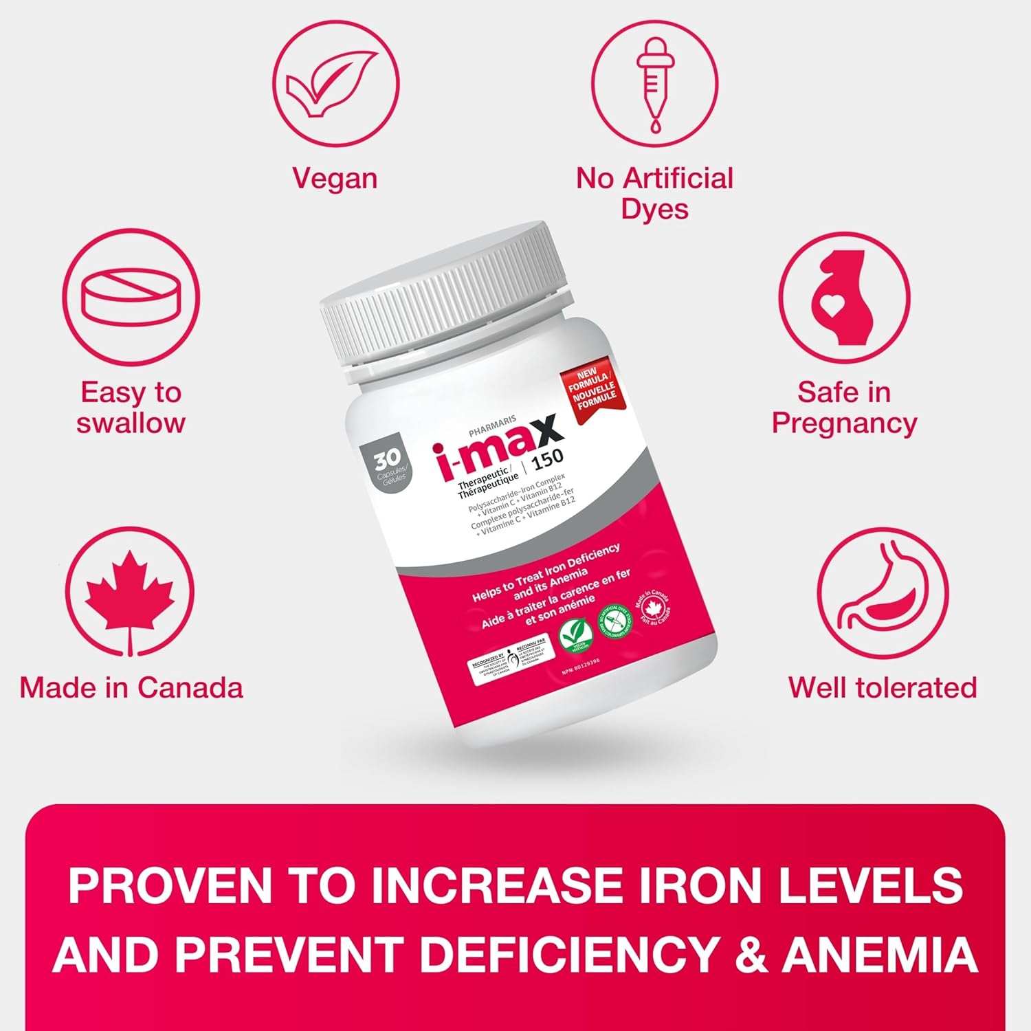 i-max Iron Supplement 150 mg, Vitamin C 250 mg & B12 1000 mcg, Iron Supplement Treatment for Women & Men, Once Daily, 30 Capsules - Image 6