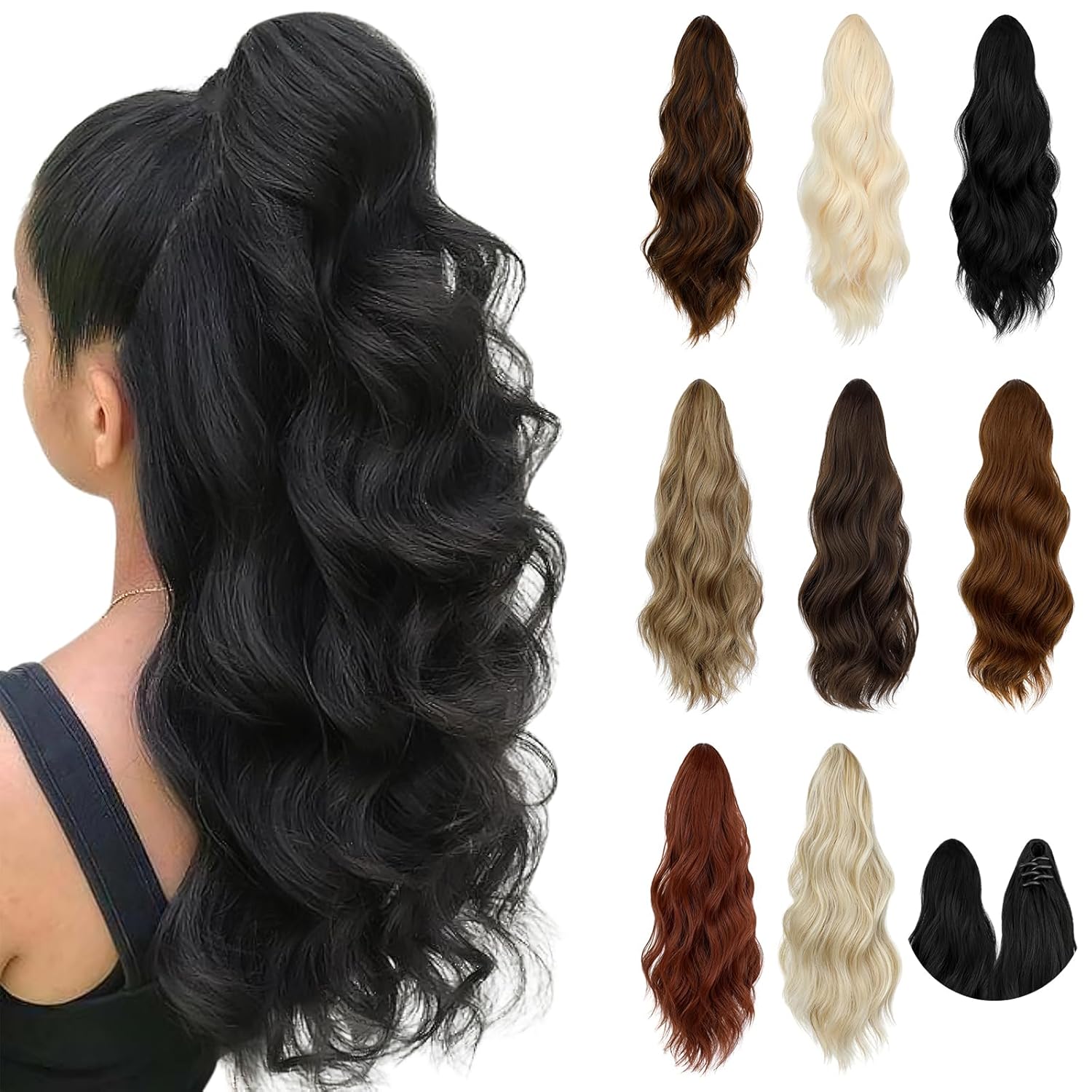 FELENDY 16″ Ponytail Extension Small Claw Clip Curly Ponytail Hair Extensions Long Wavy Pony tails Hairpiece Cute Jaw Clips for Women Natural Black