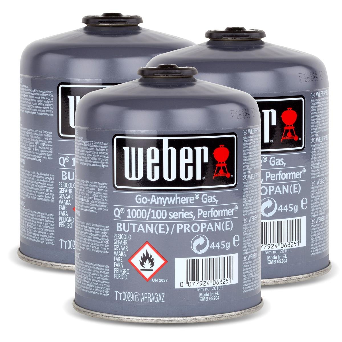 3x Weber Gas Kartusche 26100 für Q 100 Serie und Performer Touch-N-Go