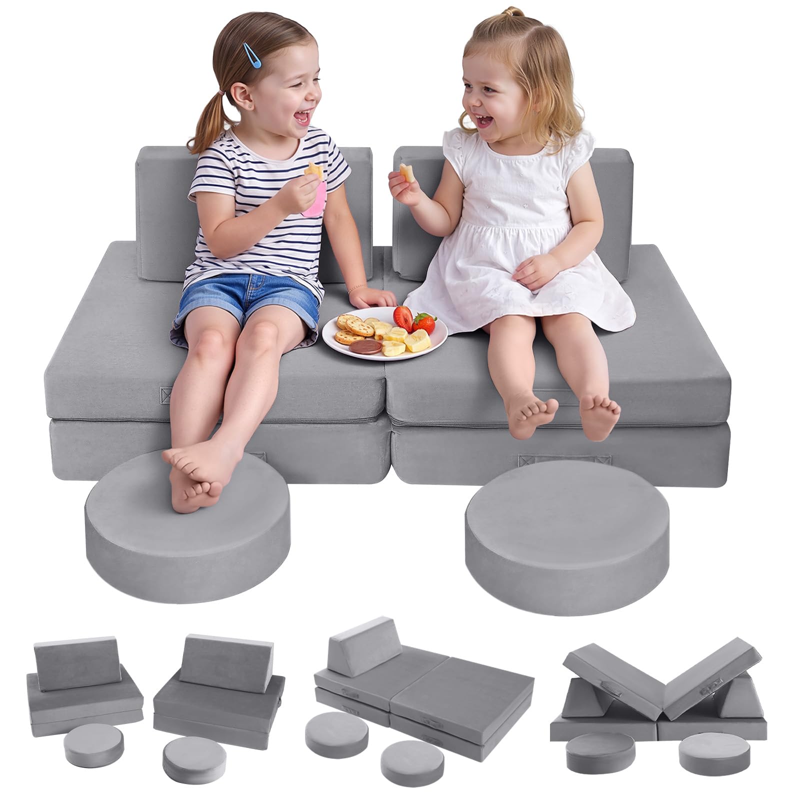 MeMoreCool Divano da gioco per bambini, poltrona modulare, per camera dei bambini, divano letto, 8 pezzi, divano in gommapiuma, con funzione di sonno, colore grigio