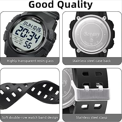 Beeasy Mens Digital Sports Watch, 50M Waterproof 49mm Rubber Strap Mens Watches with Stopwatch, Countdown Timer, Alarm & Dual TimeIdeal for Sport, Gym, Running, Referee, School & Daily Wear