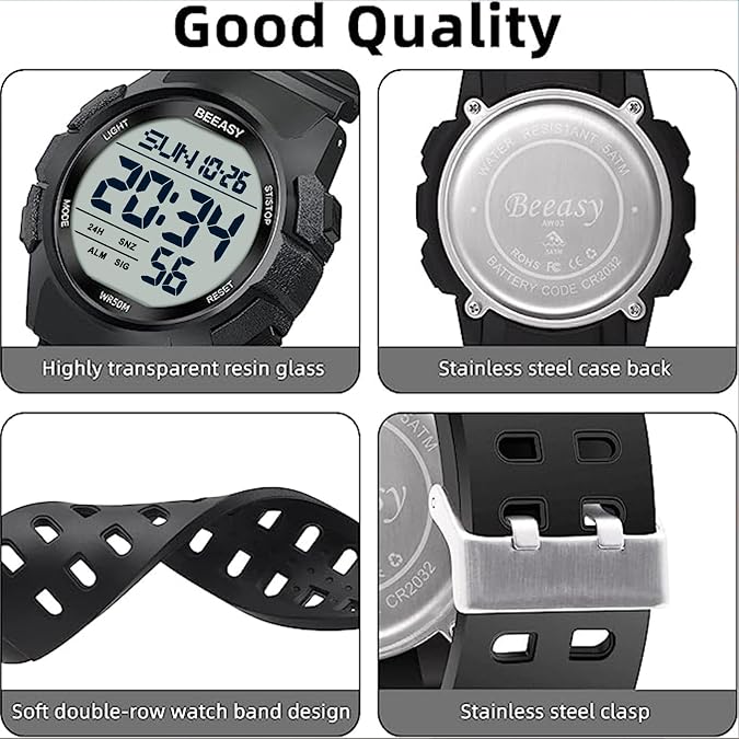 Beeasy Mens Digital Sports Watch, 50M Waterproof 49mm Rubber Strap Mens Watches with Stopwatch, Countdown Timer, Alarm & Dual TimeIdeal for Sport, Gym, Running, Referee, School & Daily Wear