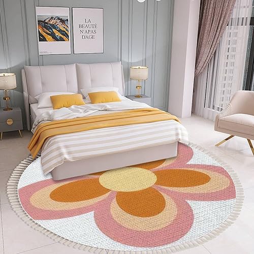 Miniatura 5 de Alfombra redonda con flecos, estilo retro, diseño de flores Groovy de los años 70 y 90, estilo floral, estilo bohemio, para decoración de habitación