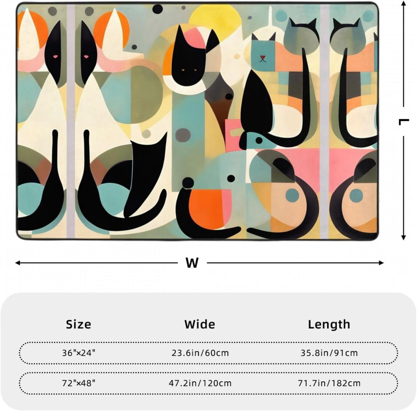 Mid-Century Modern Art Cat Printed Anti-Slip Floor mat Carpet Rug 36"x24" for Living Room Office Coffee Table Bed Balcony