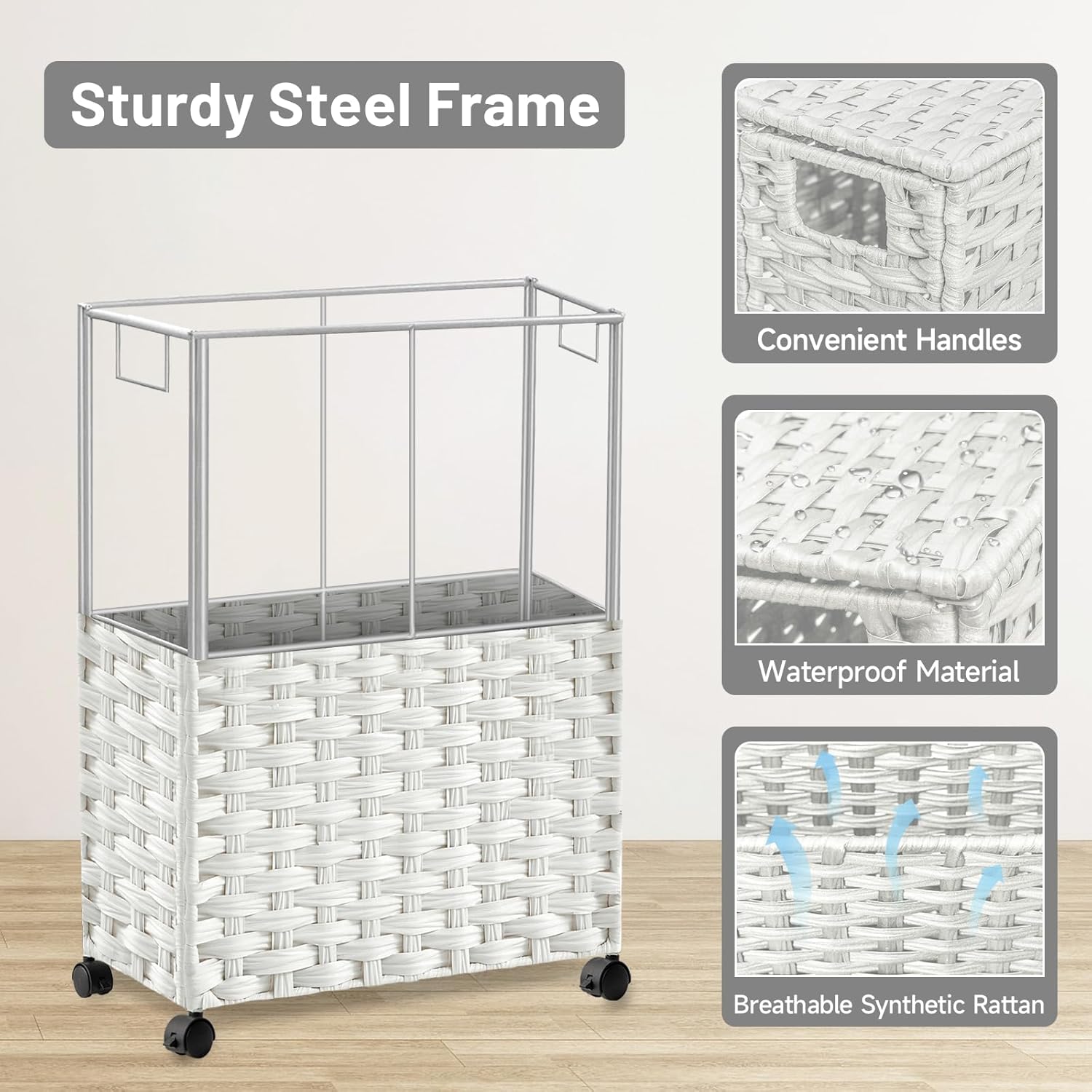 Hiagnete Toilet Paper Storage Basket with Lid and Wheels, Rattan Toilet Paper Holder Storage, Toilet Paper Organizer for Bathroom, Bedroom, Kitchen, 12.6”L x 7.1”W x 17.14”H, White - Image 5