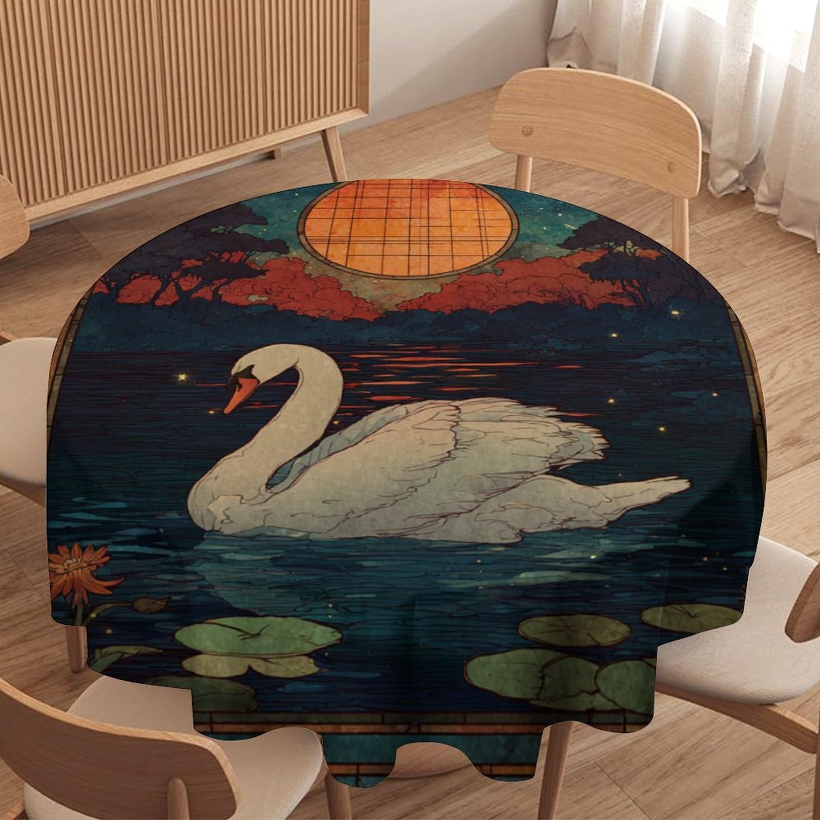 LUYYSKY Fantasy Abstract Elegant Swans Round Tablecloth Retro Oil Painting Full Moon Animals Swans Lake Pattern Washable Decor for Table Cover for Kitchen-91.4" Wx91.4 L cm