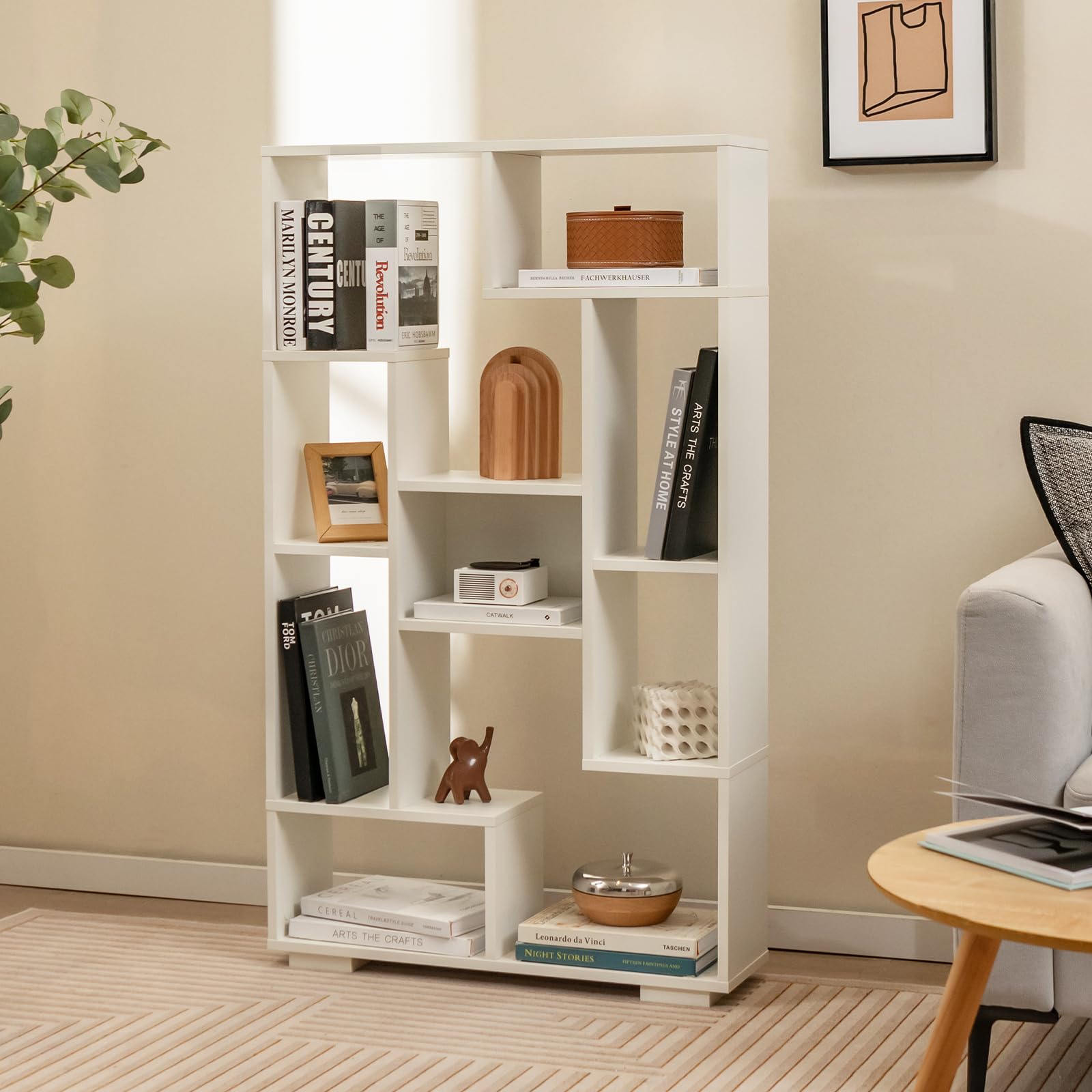 COSTWAY Libreria Geometrica 120 cm, Scaffale per Libri con Ripiani Aperti, Scaffale da Esposizione Moderno con Kit Anti-ribaltamento, Ideale per Casa Ufficio o Soggiorno (Bianco)