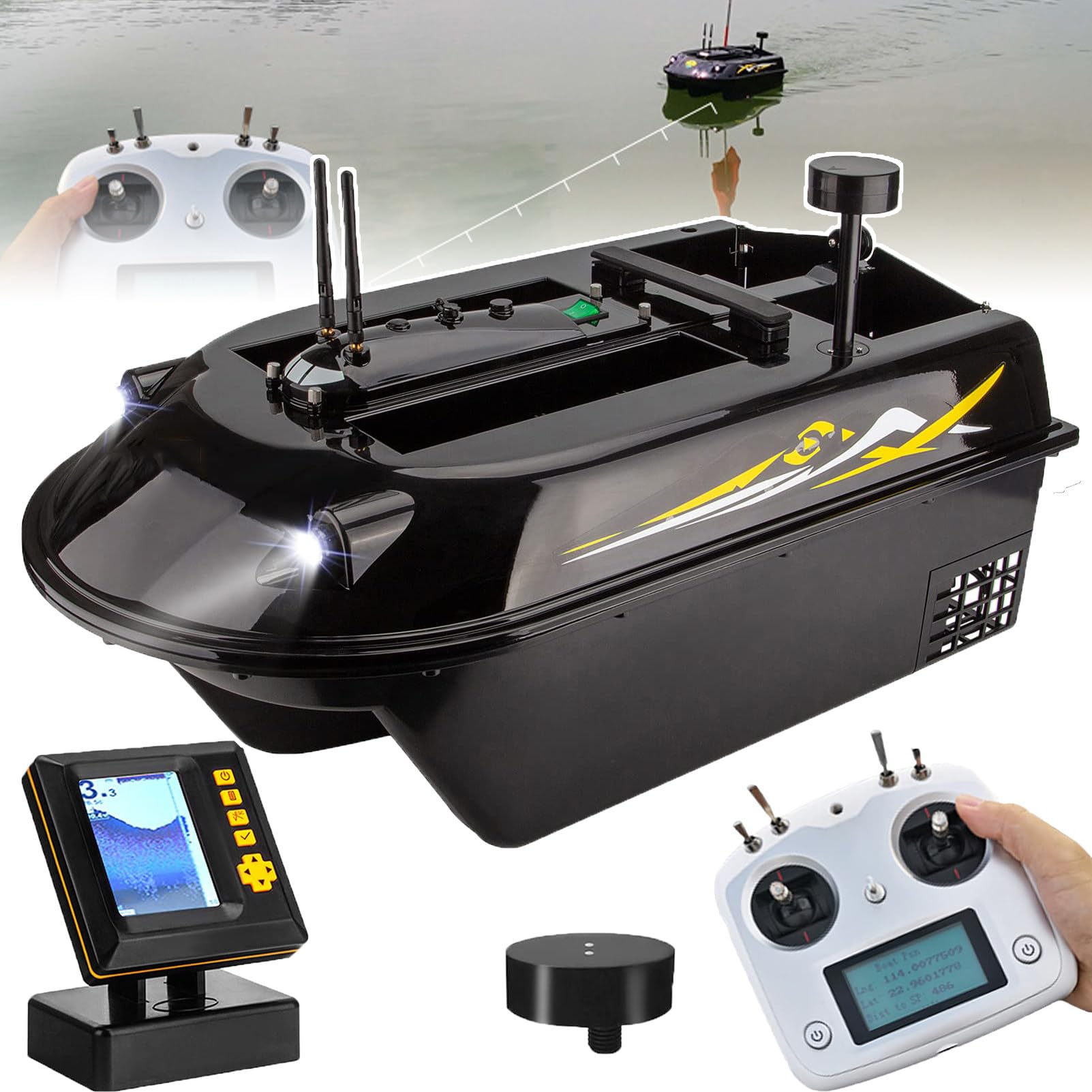 Barco de cebo GPS con control remoto antiatascos, retorno inteligente, 4 contenedores de cebo, 3 cascos, carga máxima de 8 kg, resistente al viento, motor silencioso