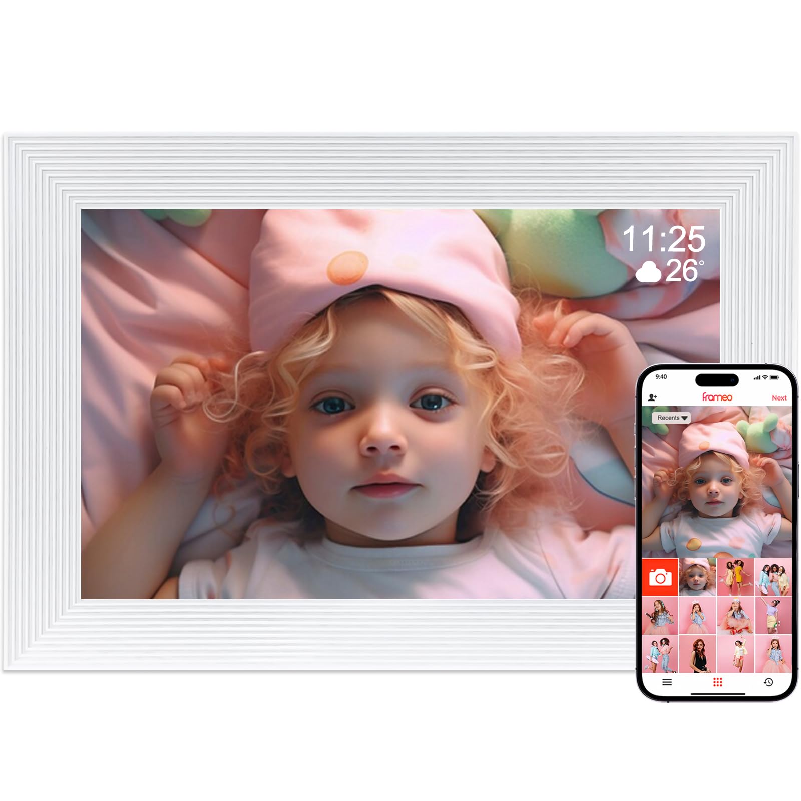 Golony Frameo Digitaler Bilderrahmen WLAN,10.1 Zoll Digitale Photo Frame,1280x800 IPS Touchscreen,32GB Automatisch drehbar,Teilen Sie Fotos und Videos mit Ton Sofort über Frameo APP von überall, Weiß