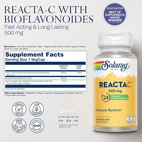 Miniatura 8 de SOLARAY Reacta-C con vitamina C 500 mg - 200 mg concentrado de bioflavonoide, vitaminas de defensa inmunológica - Suplemento patentado de apoyo