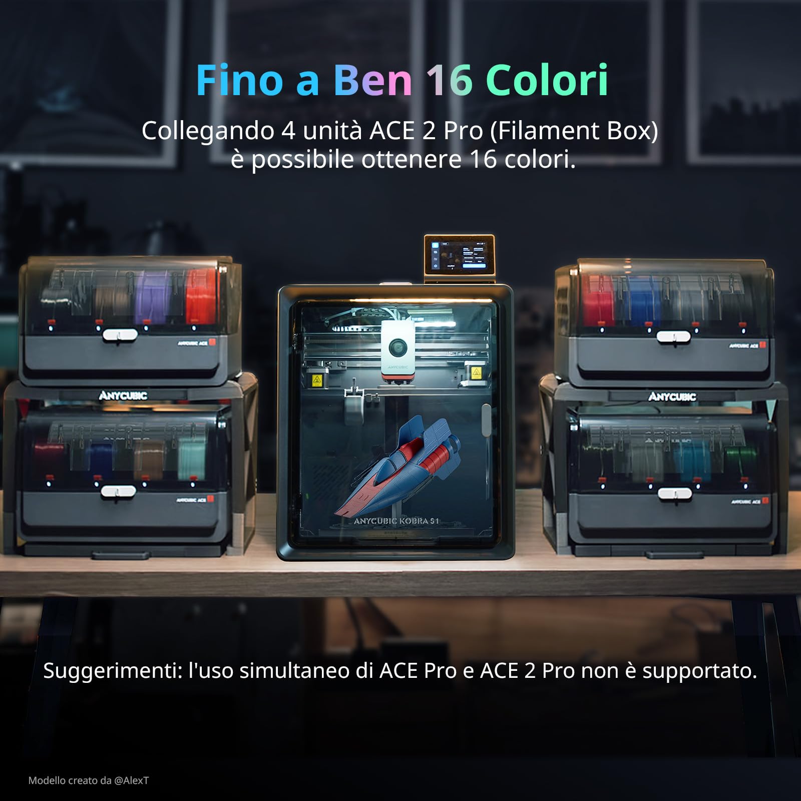 Anycubic Kobra S1 ACE 2 Pro Combo Multicolor Stampante 3D, Con Scatola di Essiccazione per Filamenti ACE 2 Pro Inclusa, 600 mm/s ad Alta Velocità, Alimentazione Automatica a 4 Colori, 250×250×250 mm³