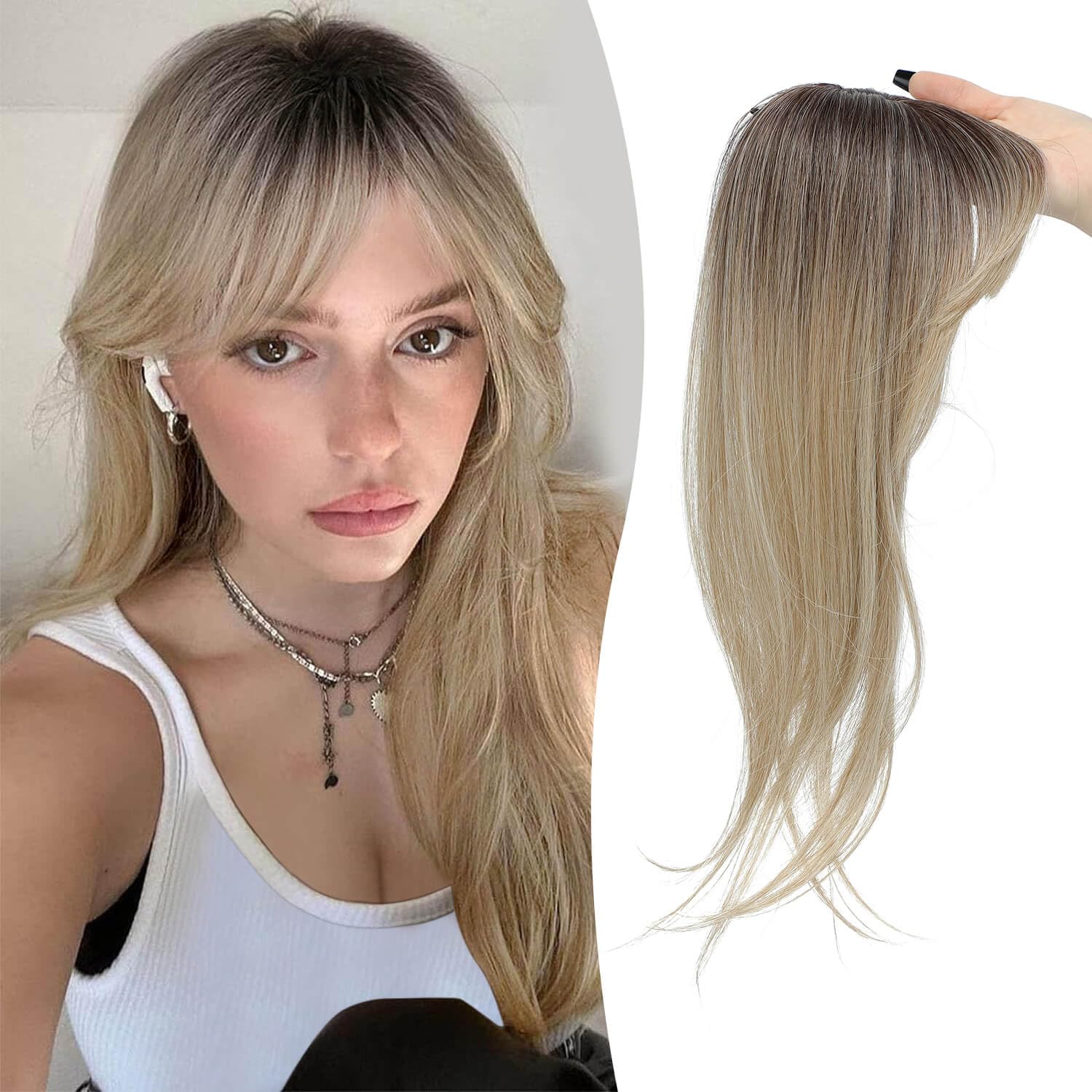 MORICHY Clip in Bangs 360° Bangs Hair Clip Fake Bangs with Long Layered Hair Clip on Bangs for Women Mix Blonde Bangs Clip in Hair Extensions Curved Bangs for Daily Use