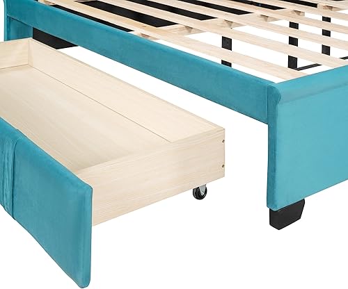 Miniatura 35 de Cama de almacenamiento moderna de madera, cama de plataforma tamaño Queen con un cajón grande, cama tapizada de terciopelo con cabecera trasera y