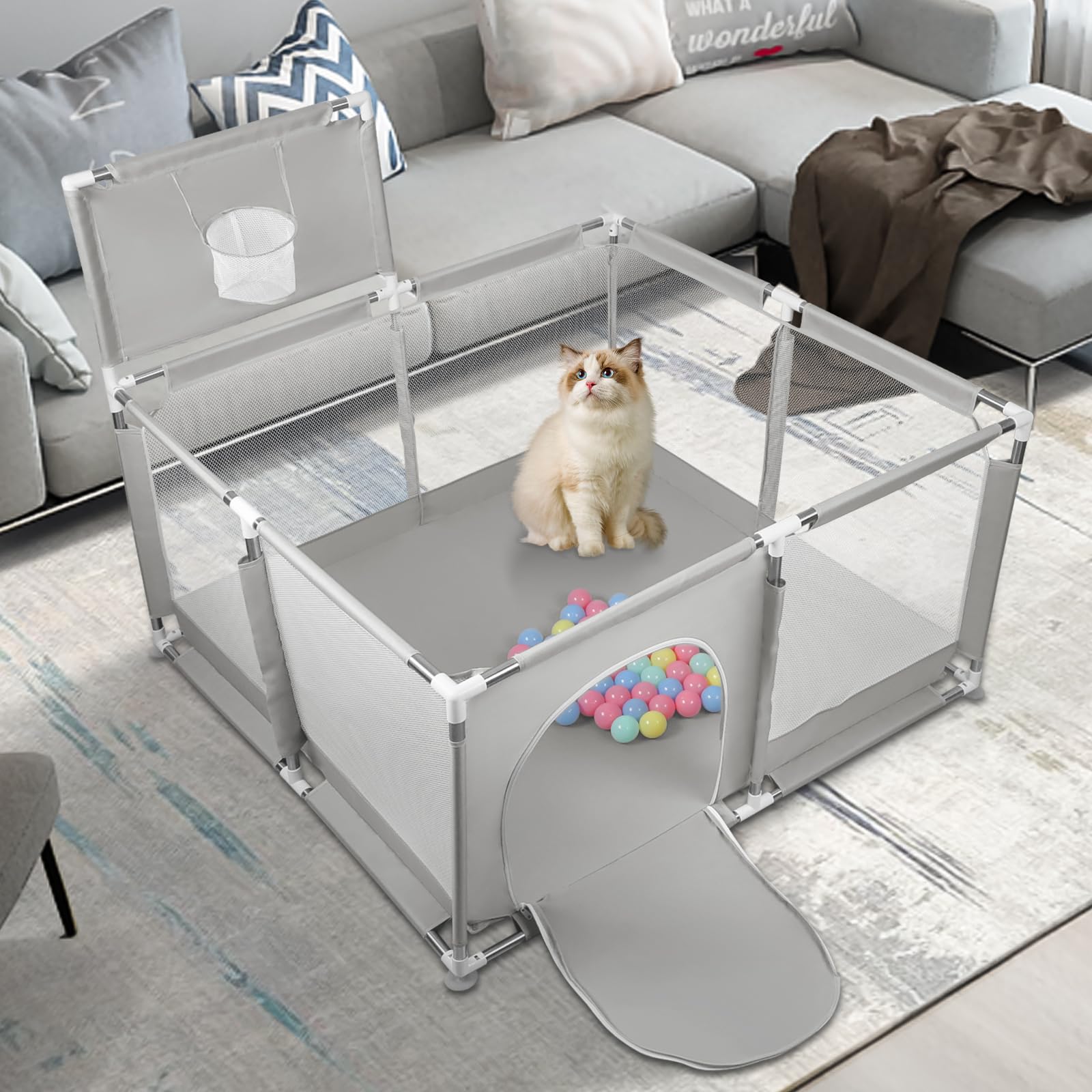 Parc Bebe, Parc Bébé Avec Tapis, Parc Bébé en Tissu Oxford, Petit Parc Enfant avec Barrières, Parc De Jeux Bébé pour Appartement Avec Balle-126 * 126 * 66 cm-gris clair