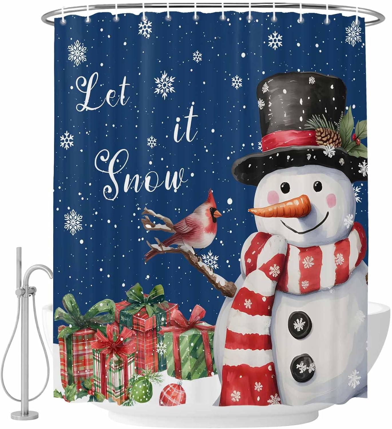 LooPoP Christmas Shower Curtain Snowman Bathroom Curtains with Hooks, Waterproof Fabric Let it Snow Holly Snowflake Blue Shower Curtains Set for Bathroom Bathtubs Xmas Holiday Decor Gift 72x72 Inch