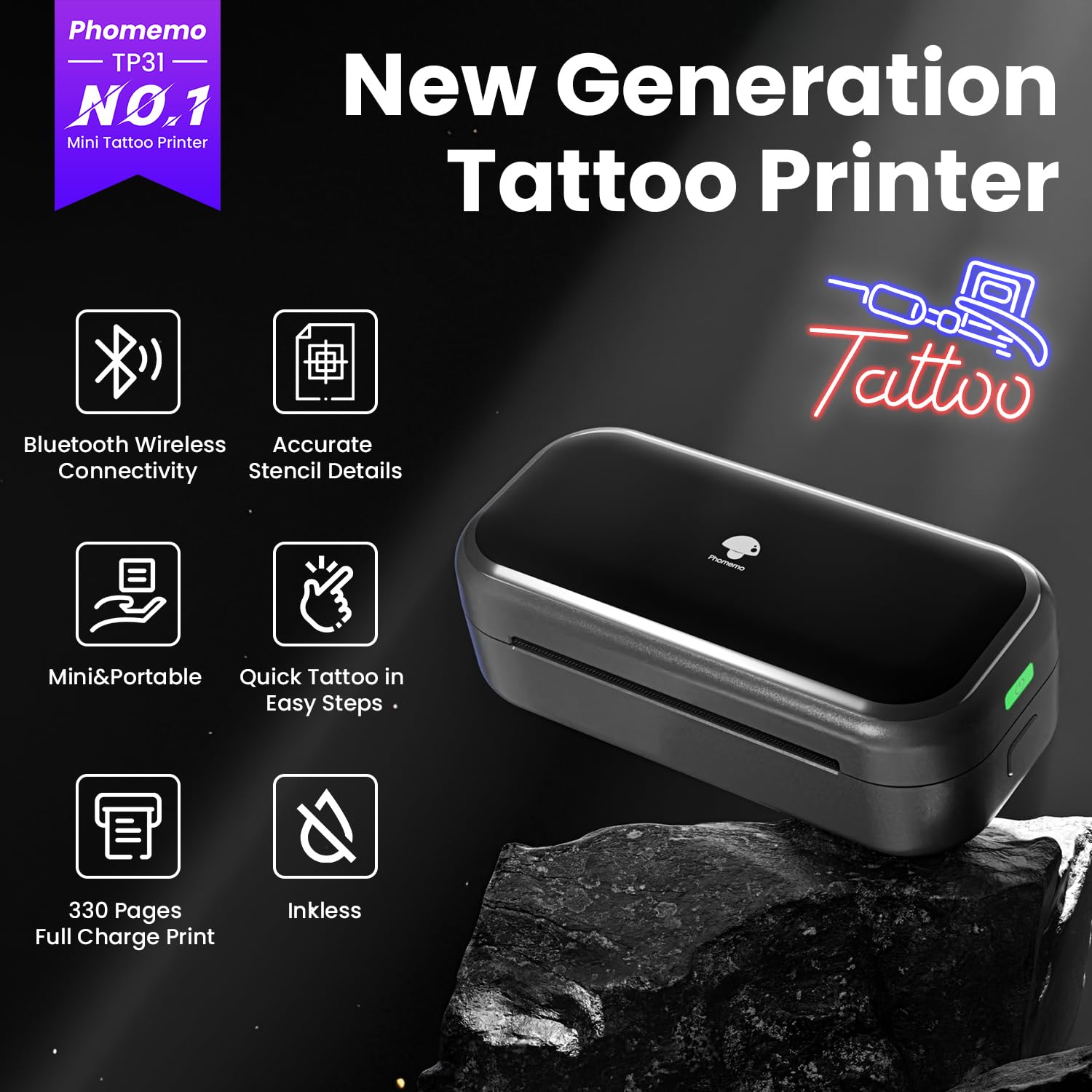 Phomemo TP31 Tattoo Drucker, Aufgerüstet Mini Tattoo Stencil Drucker 3 Zoll, Tattoodrucker mit 30pcs Papier für Anfänger, Tätowierer, Tattoo Printer Bluetooth Kompatibel mit Smartphone, Tablet