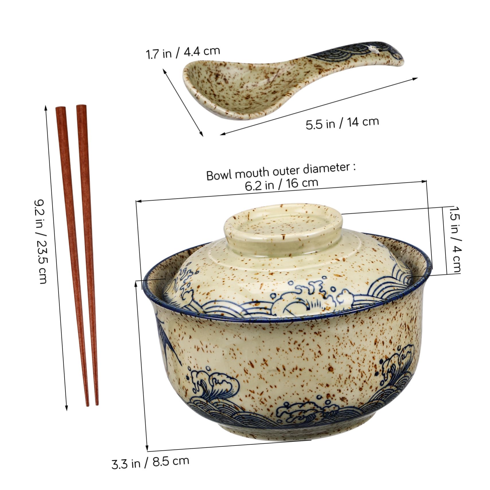Ramen Elegant mit Deckel Schüssel Essstäbchen und Löffel Keramik 6,5 Zoll zum Servieren von Suppe und Nudeln