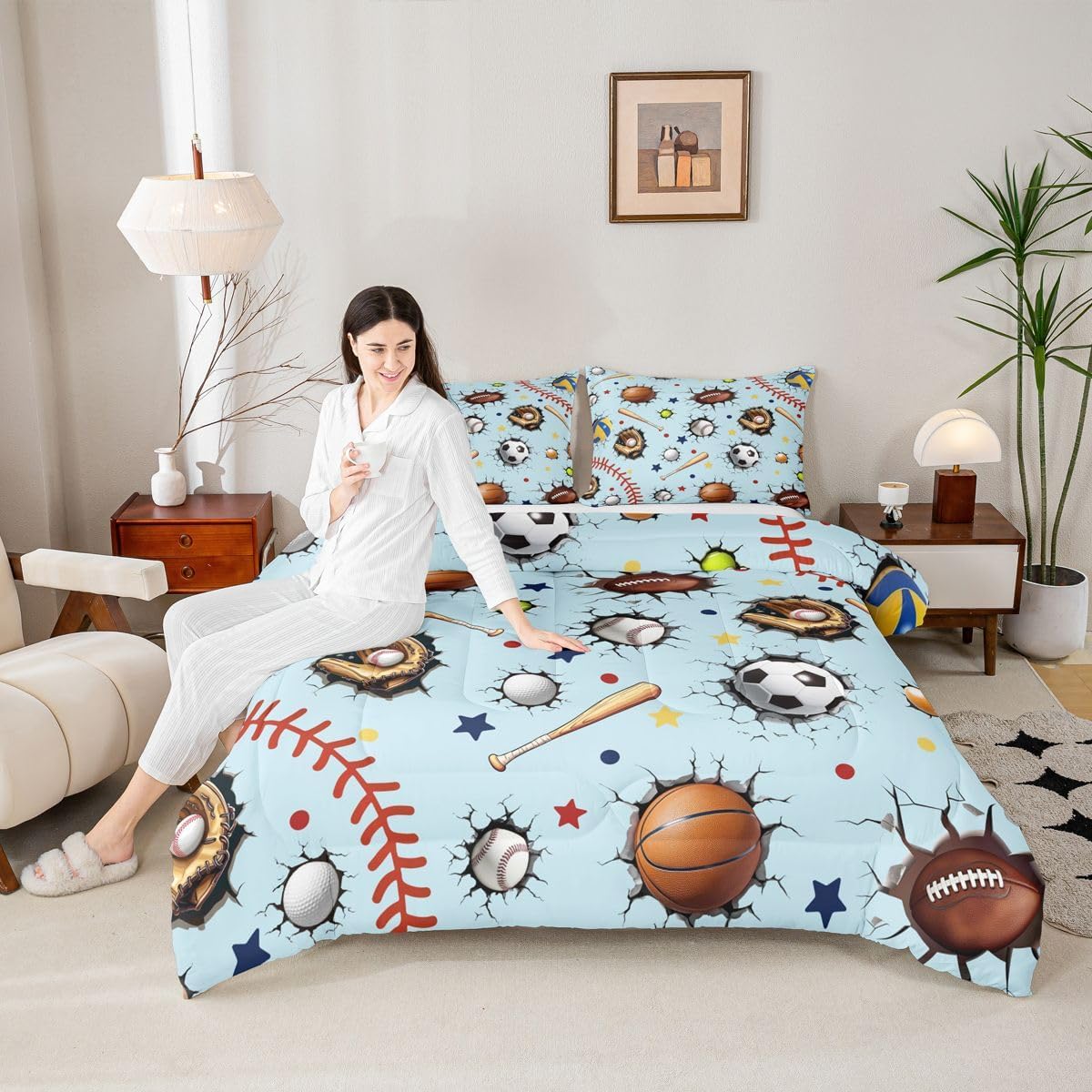 jejeloiu Ball Games Comforter Set All Season Baseball Football Bedding Set with 1 Pillow Cases Soccer Basketball Microfiber Kids Twin Bedclothes Sports Game Bedroom Decor Duvet Quilt Soft Lightweight