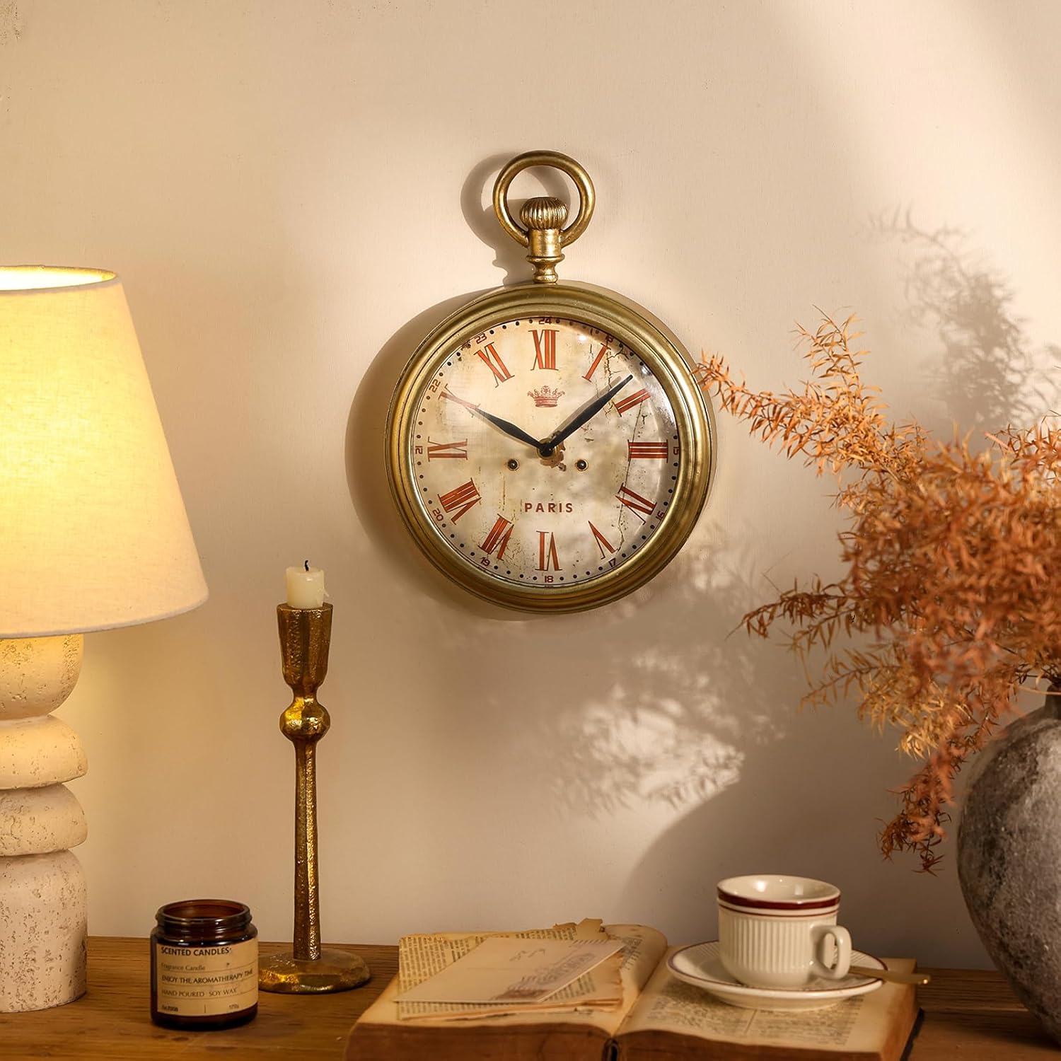 NIKKY HOME Small Vintage Gold Wall Clock 8 Inch, Battery Operated Silent Retro Metal Round Analog Clock for Bathroom Kitchen Living Room Bedroom Office