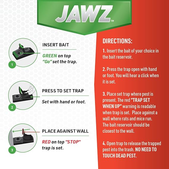 JT Eaton 409 Jawz Indoor Plastic Mouse Trap for Solid or Liquid Bait, Instant Kill Mouse Traps, No-Touch Disposal with Trap Set Indicator 12-Pack