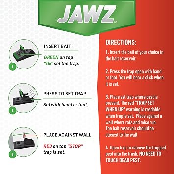 JT Eaton 409 Jawz Indoor Plastic Mouse Trap for Solid or Liquid Bait, Instant Kill Mouse Traps, No-Touch Disposal with Trap Set Indicator 12-Pack